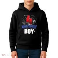 Four 4 Year Old 4th Birthday Boy Spider Web 4yr Party Kids Hoodie thumb 4