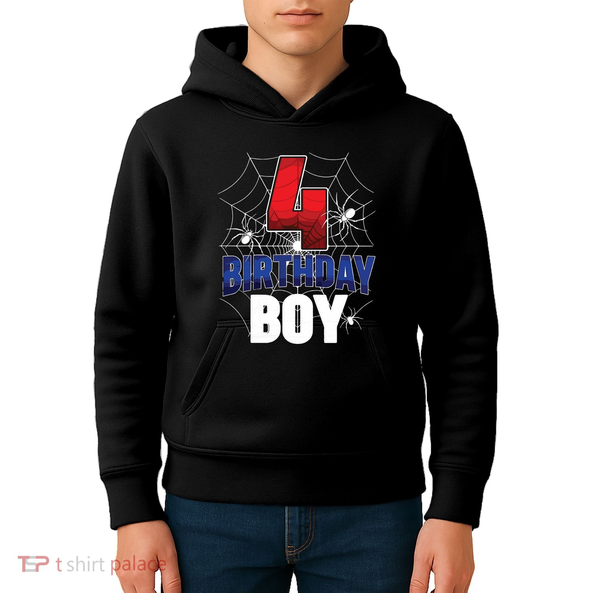 Four 4 Year Old 4th Birthday Boy Spider Web 4yr Party Kids Hoodie