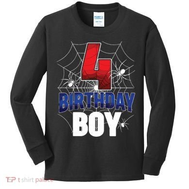 Four 4 Year Old 4th Birthday Boy Spider Web 4yr Party Kids Long Sleeve Shirt