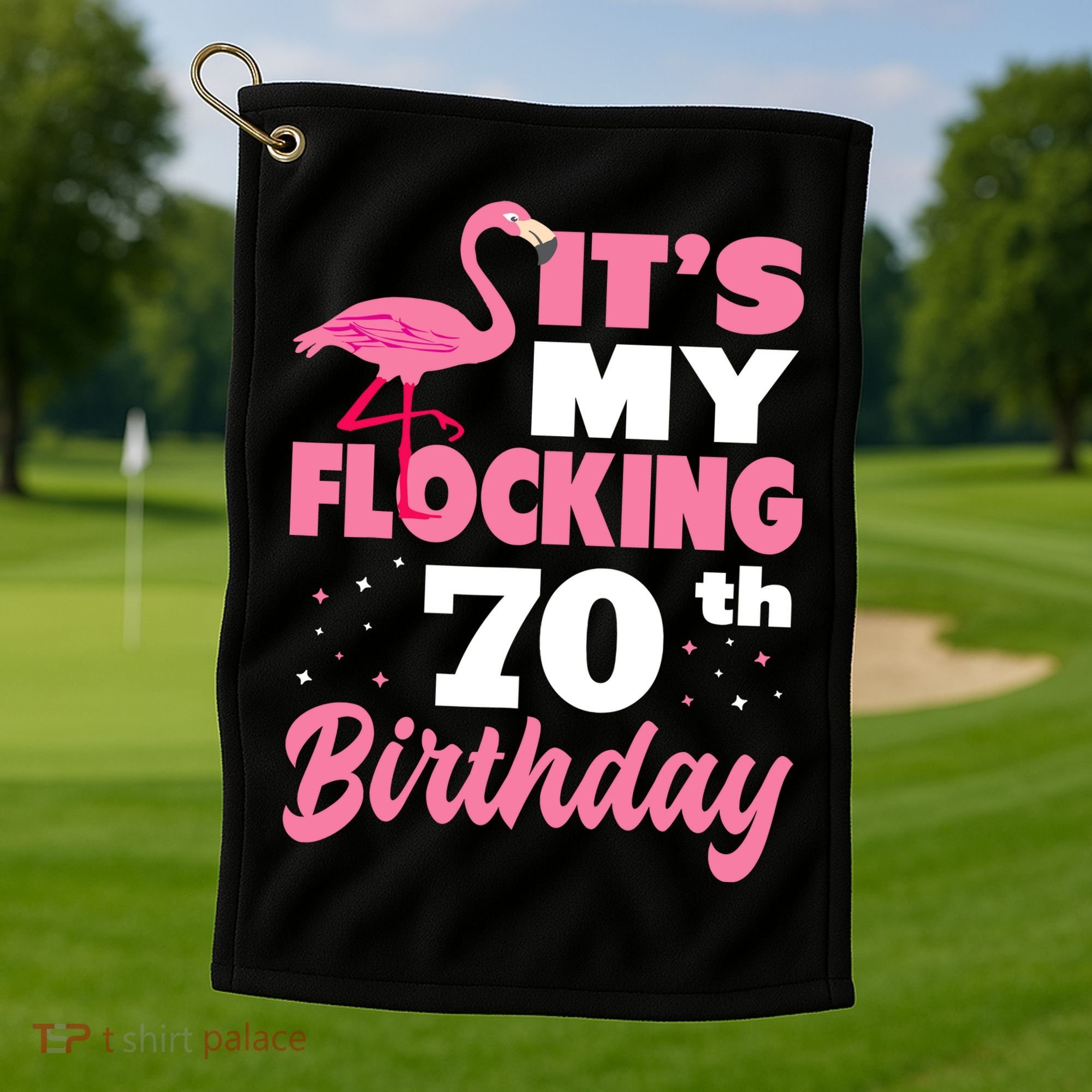 Flocking 70th Birthday Party Flamingo Golf Towel