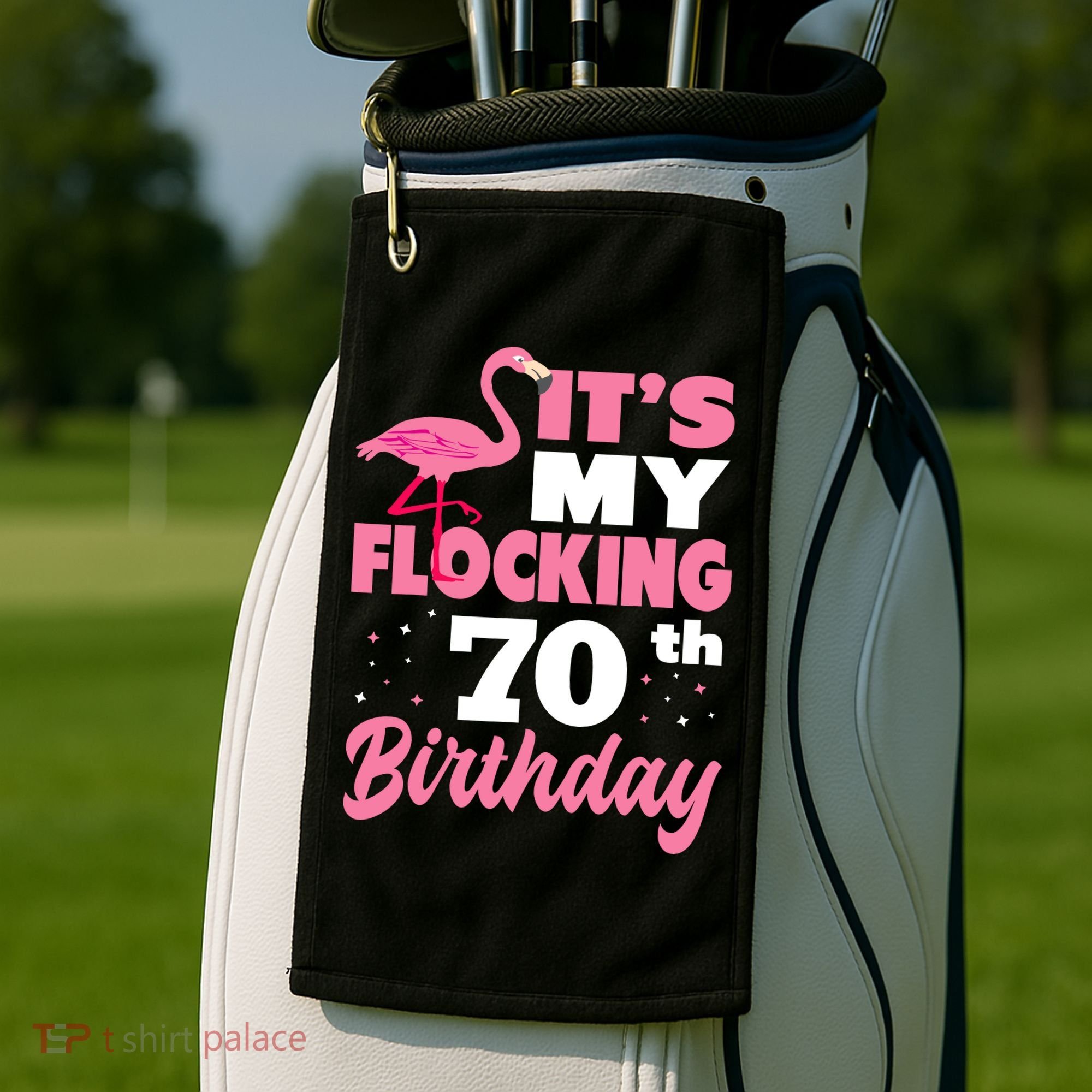Flocking 70th Birthday Party Flamingo Golf Towel