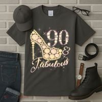 Fabulous & 90 Sparkly Heel 90th Birthday Tall T-Shirt thumb 3
