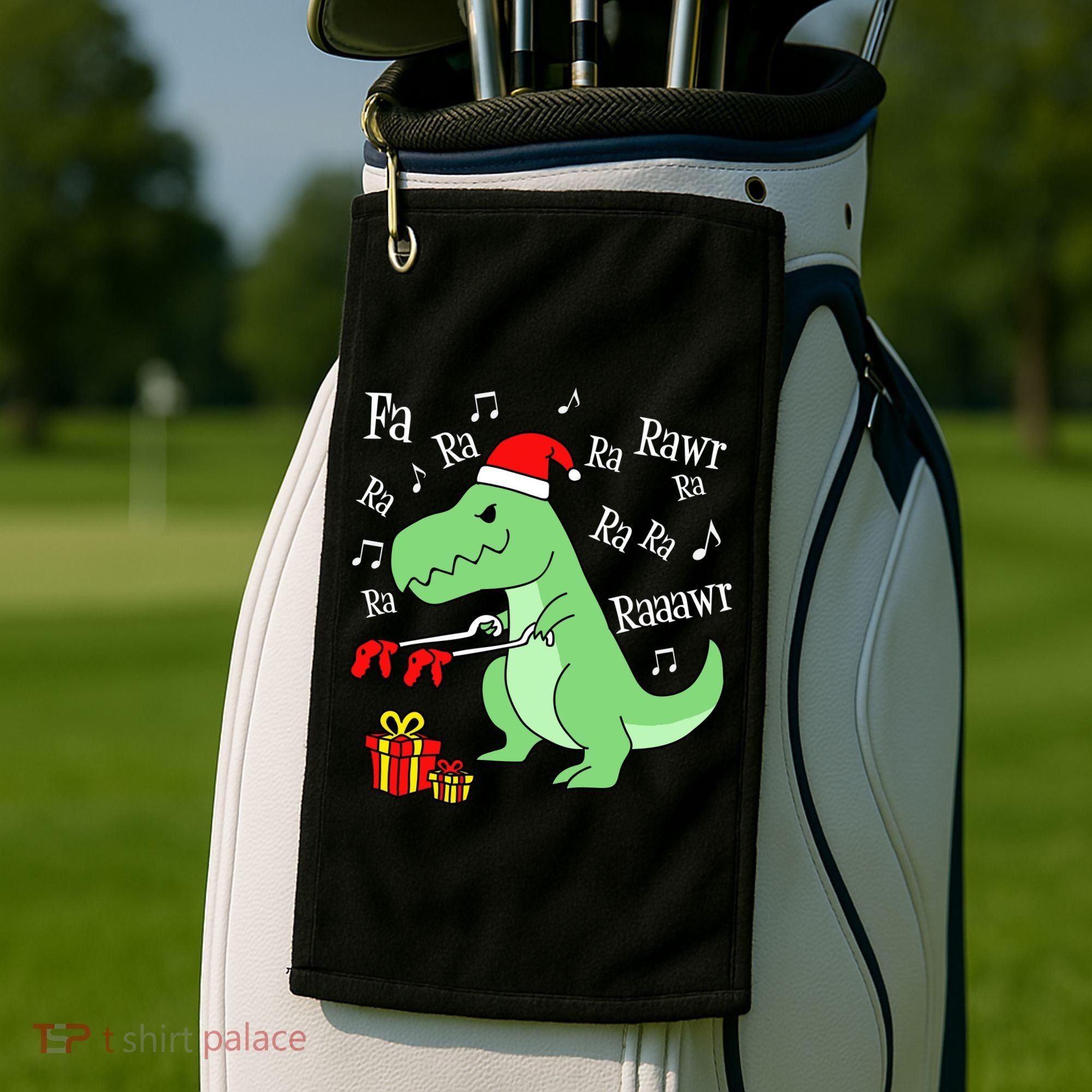 Fa Ra Ra Rawr Christmas T-Rex Presents Golf Towel
