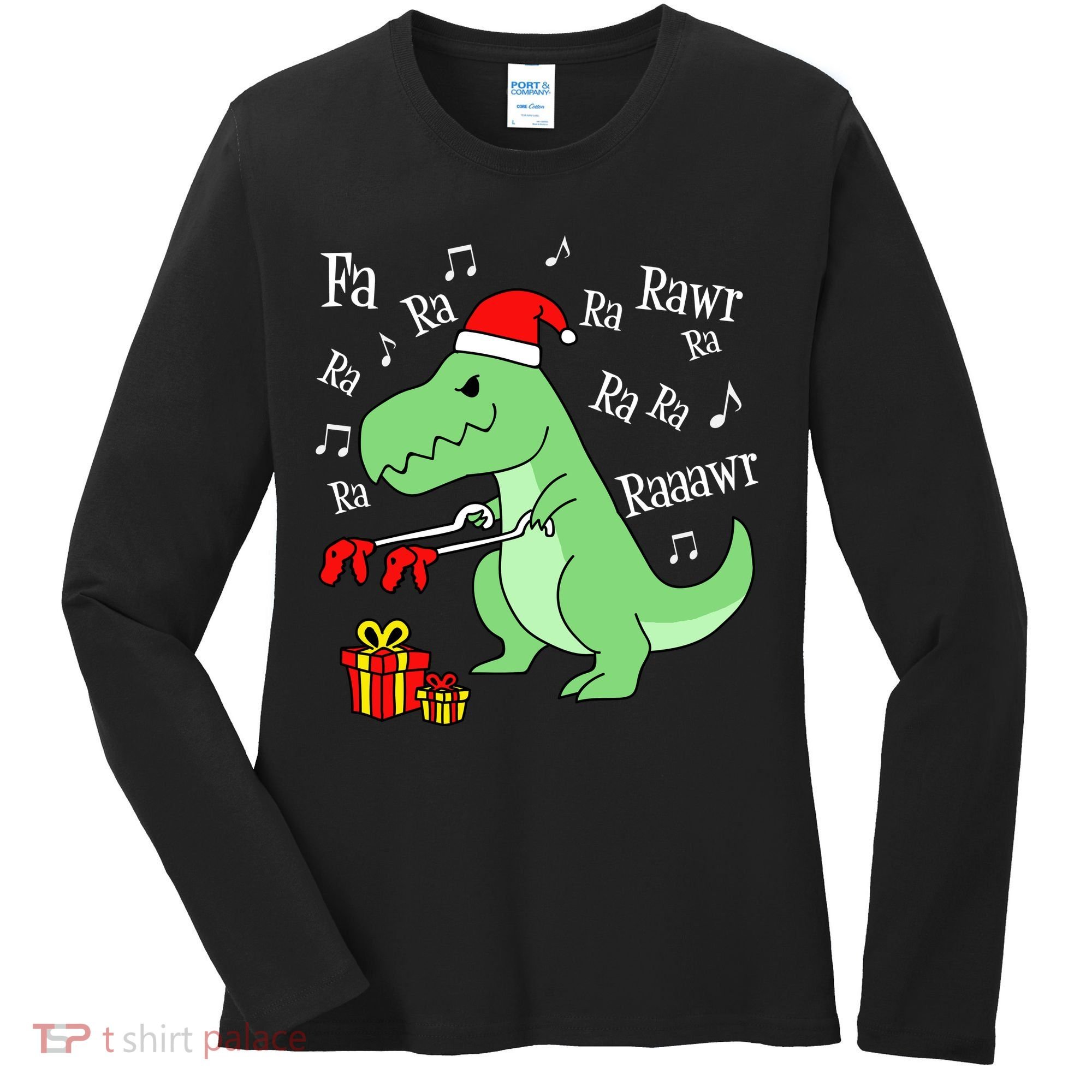 Fa Ra Ra Rawr Christmas T-Rex Presents Women's Long Sleeve Shirt