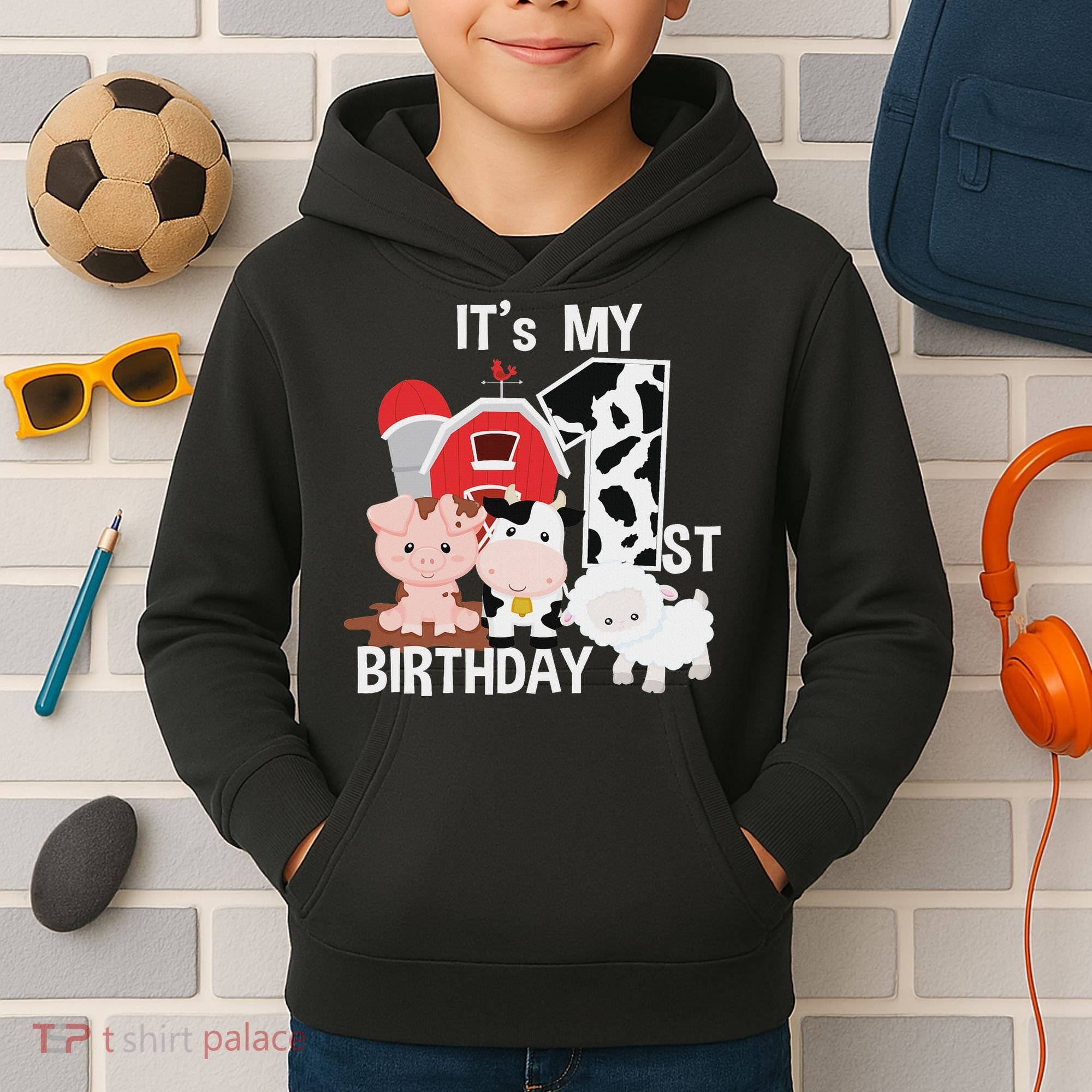 Farm Animals 1 Year Old It's My 1st Birthday Party Kids Hoodie