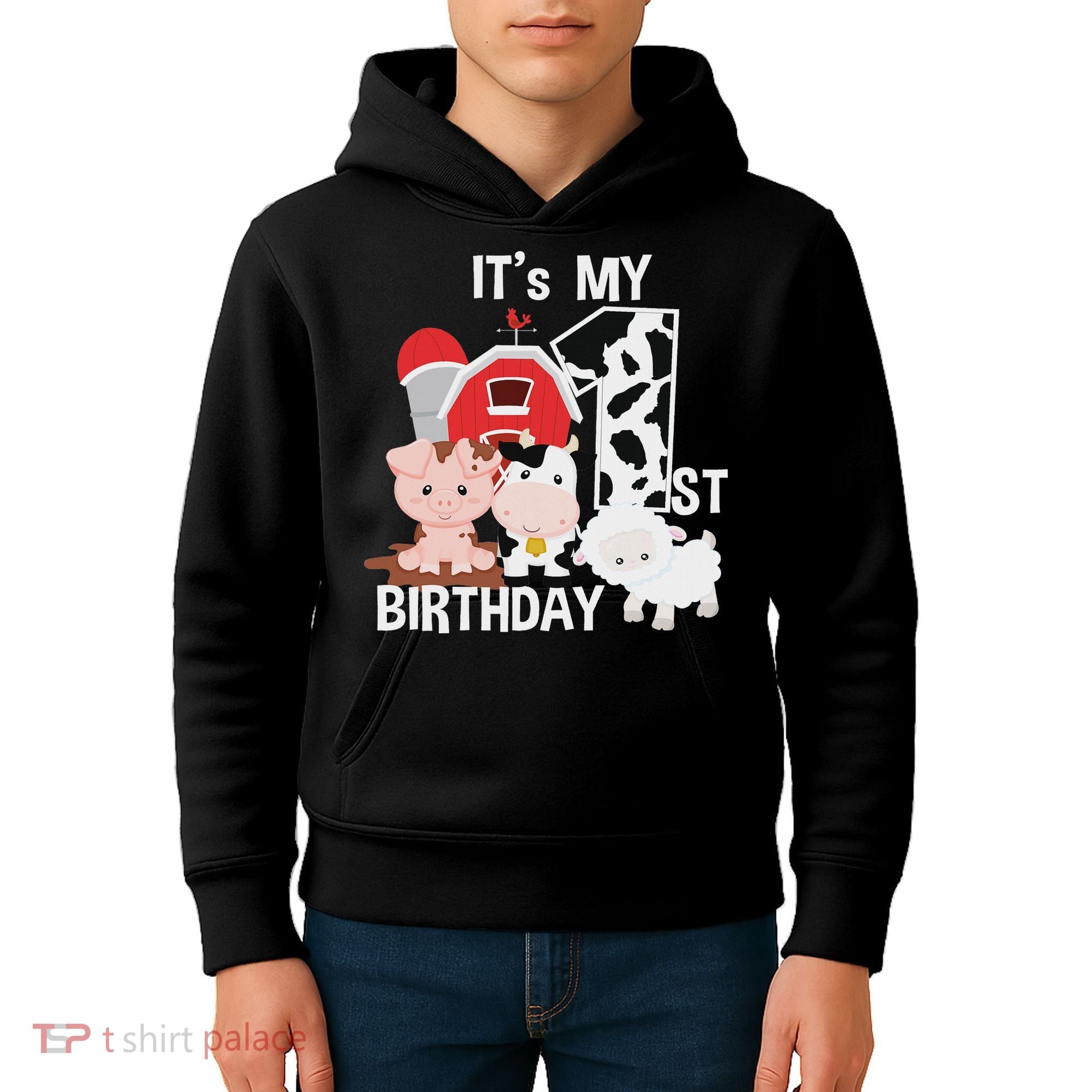 Farm Animals 1 Year Old It's My 1st Birthday Party Kids Hoodie