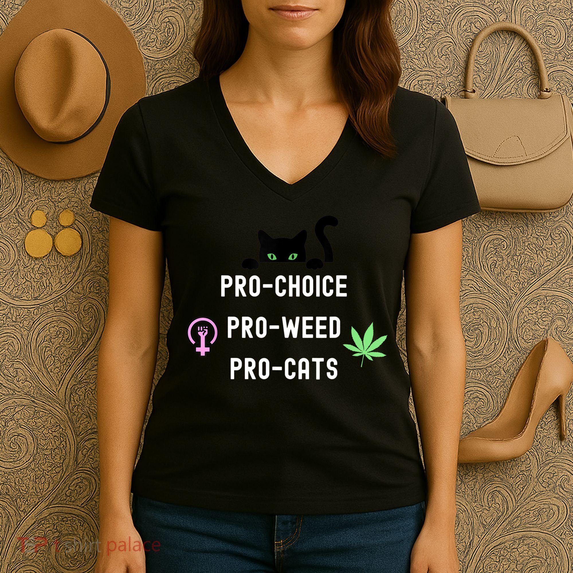 Feminism And 420 Funny Pro Choice Pro Cats Pro Weed Feminist Women's V-Neck T-Shirt