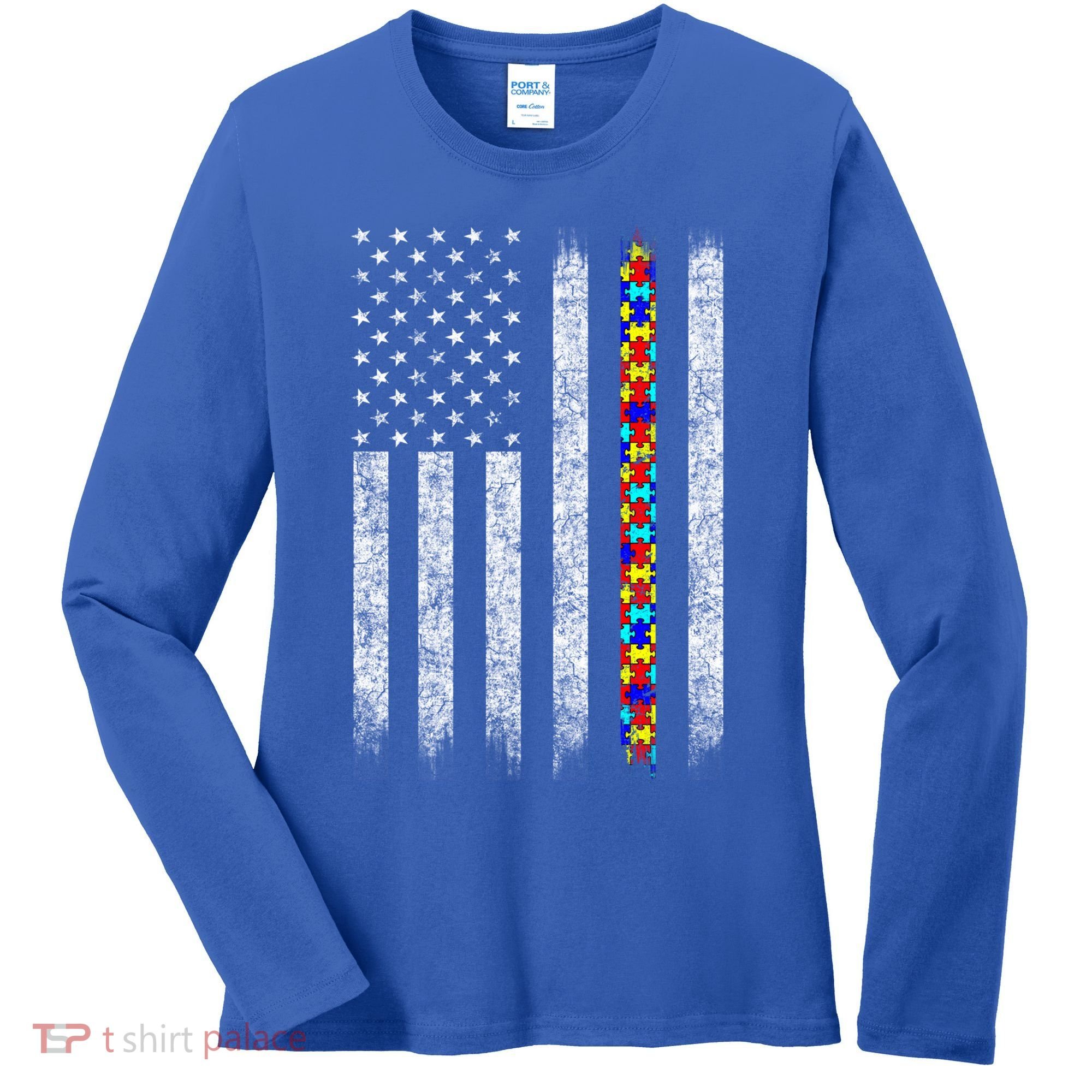 Funny Autism Awareness American Flag Gift Women's Long Sleeve Shirt