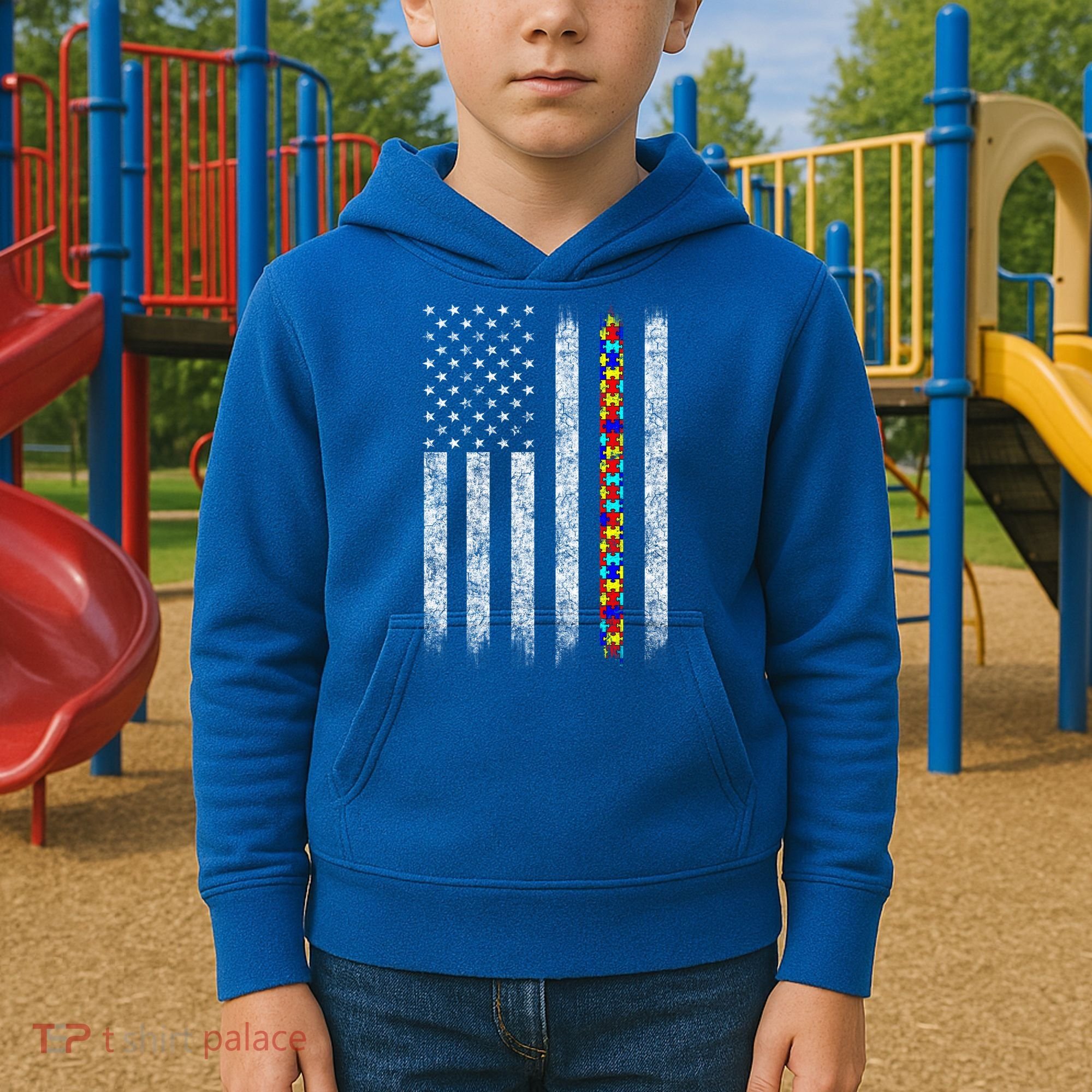 Funny Autism Awareness American Flag Gift Kids Hoodie