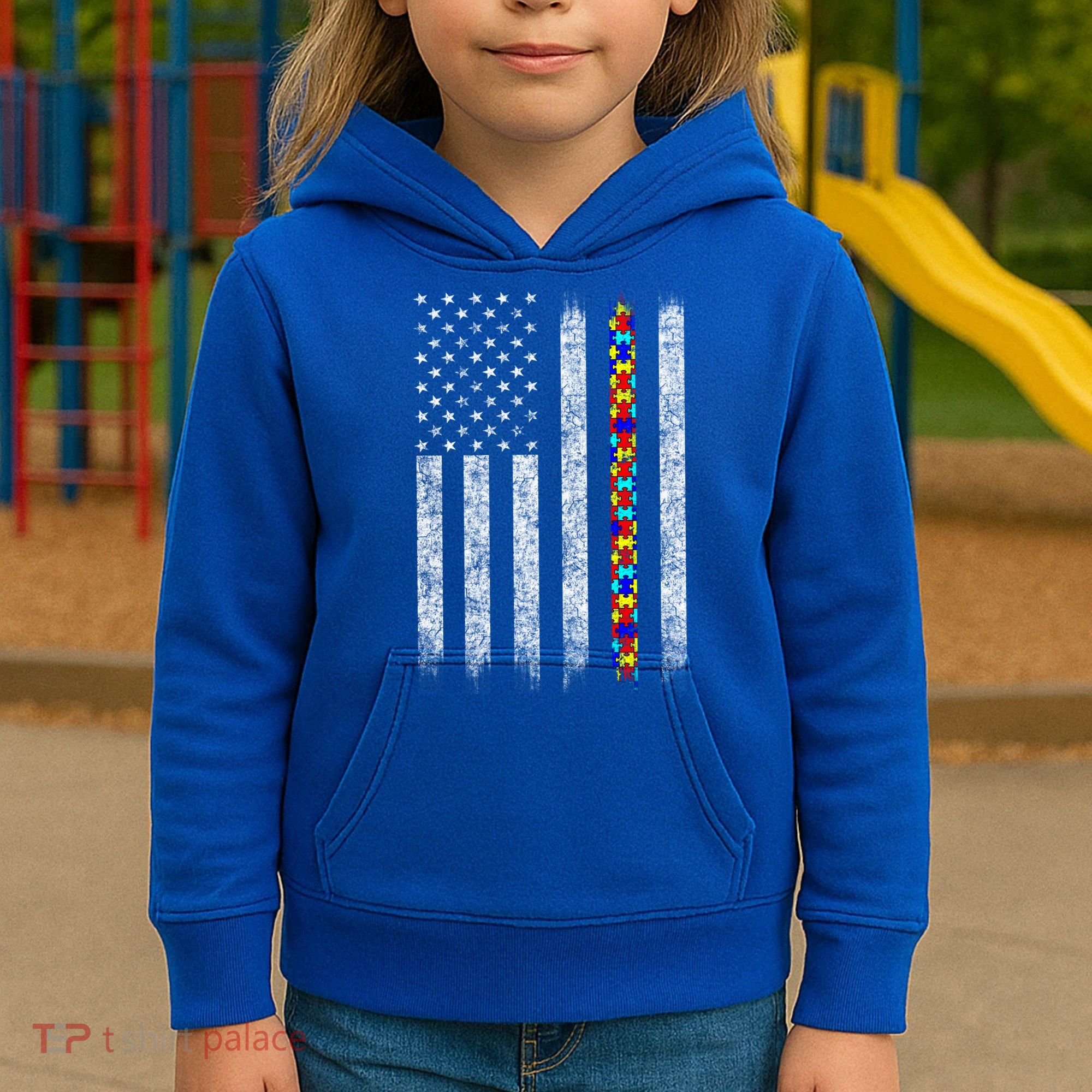 Funny Autism Awareness American Flag Gift Kids Hoodie