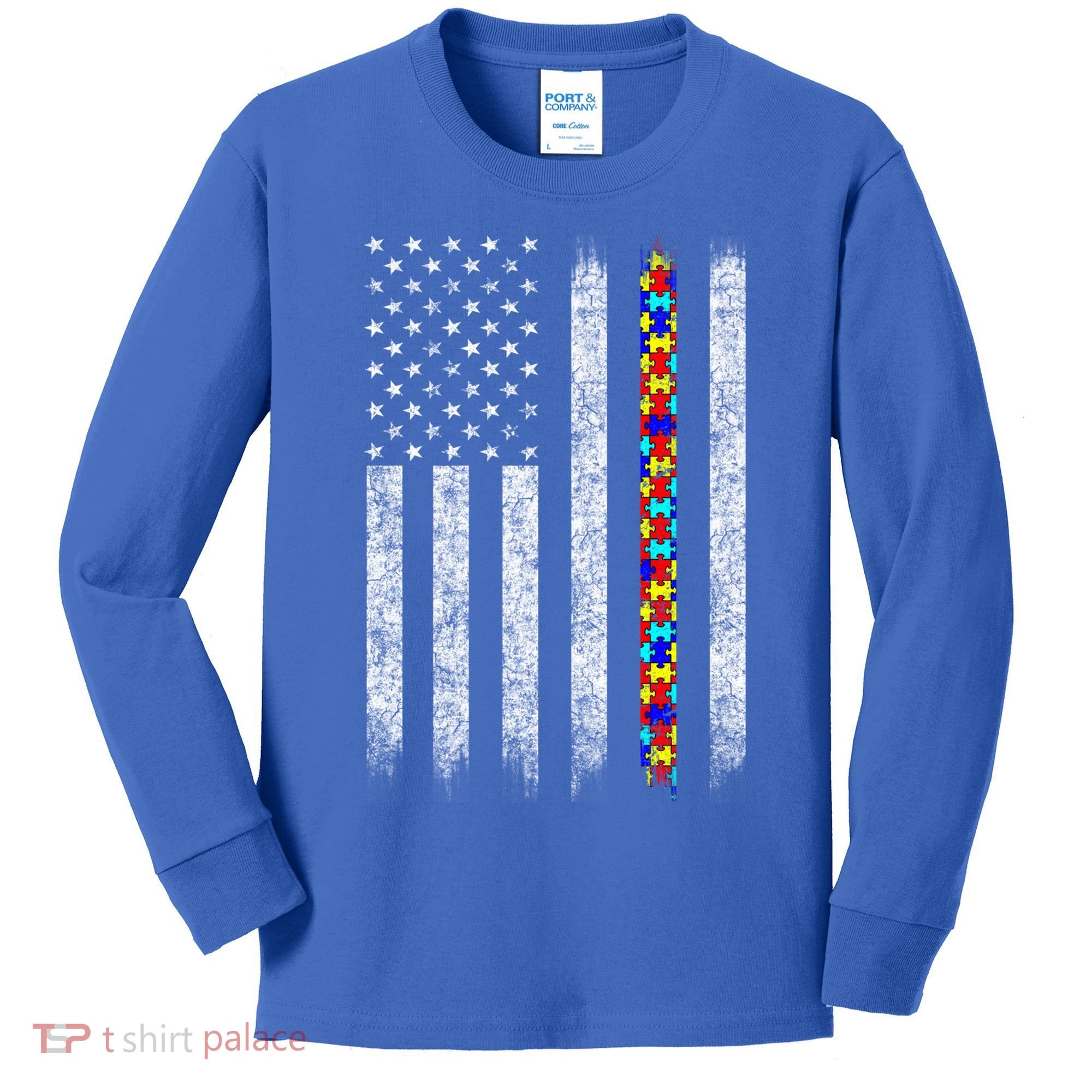Funny Autism Awareness American Flag Gift Kids Long Sleeve Shirt