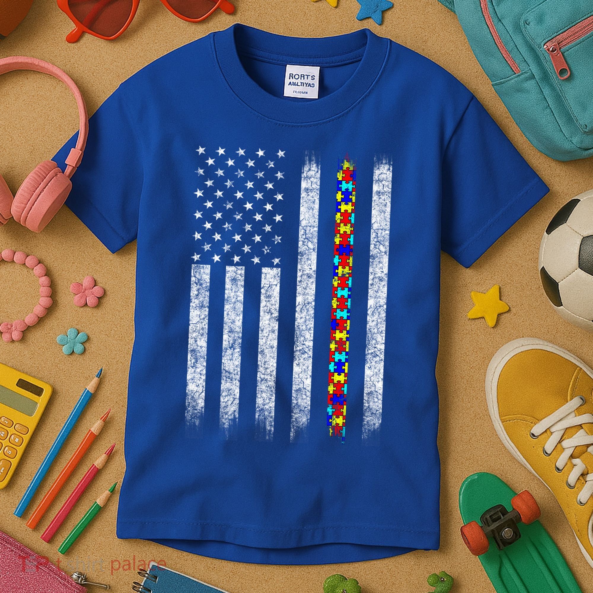 Funny Autism Awareness American Flag Gift Kids T-Shirt