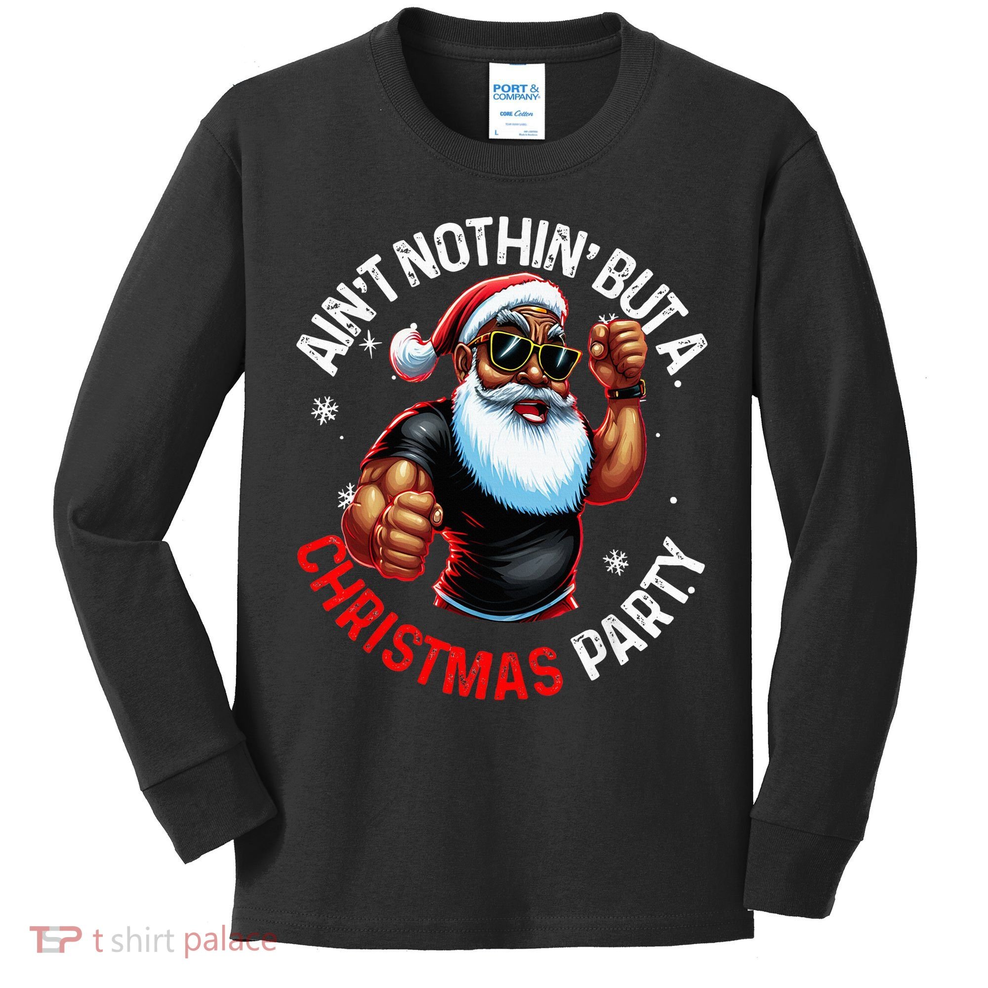 Festive African American Santa Claus PJ Kids Long Sleeve Shirt