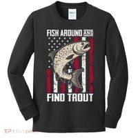 Fish Around And Find Trout Funny Fishing Kids Long Sleeve Shirt thumb 0