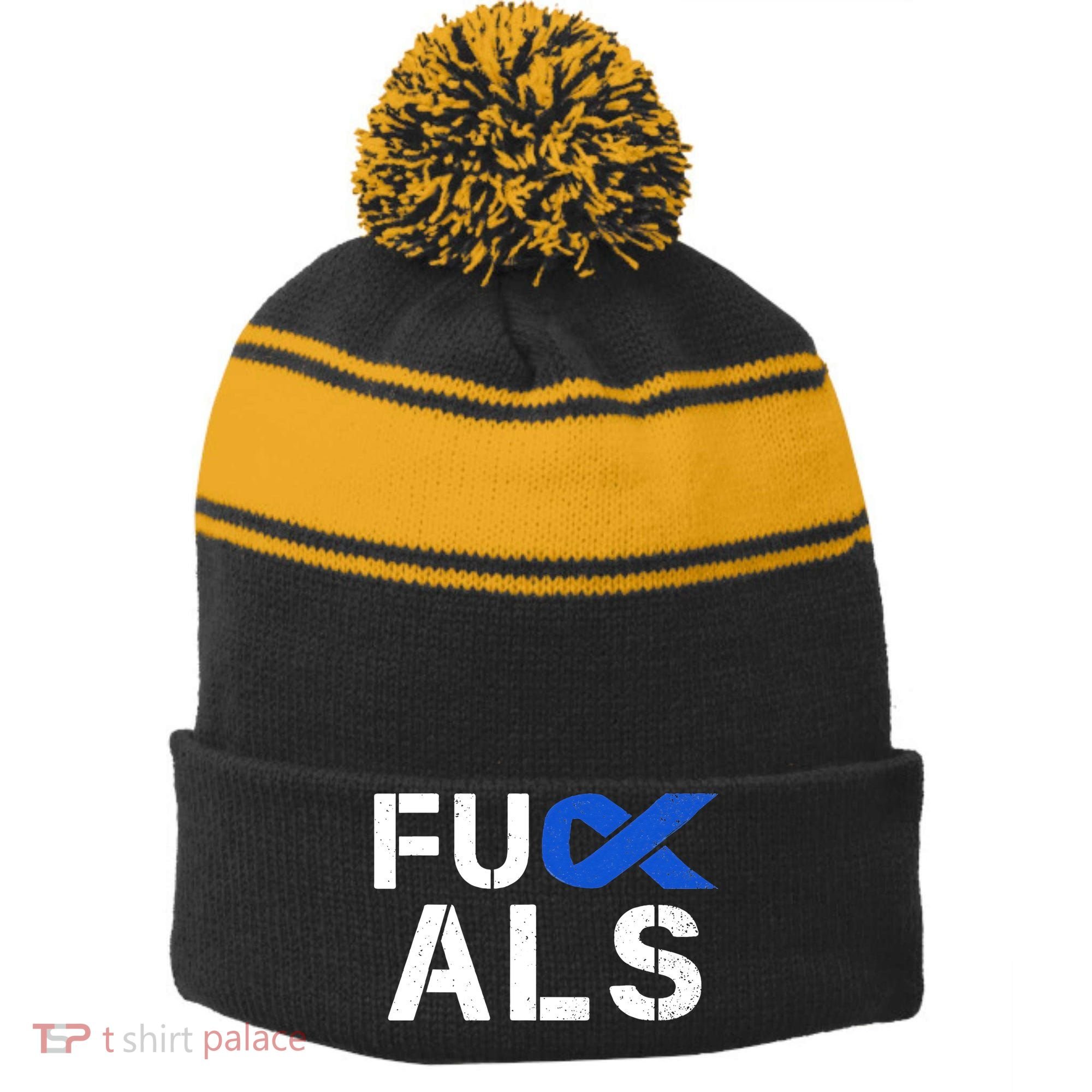 Fuck ALS Awareness Month Blue Ribbon Support Squad Fighter Stripe Pom Pom Beanie