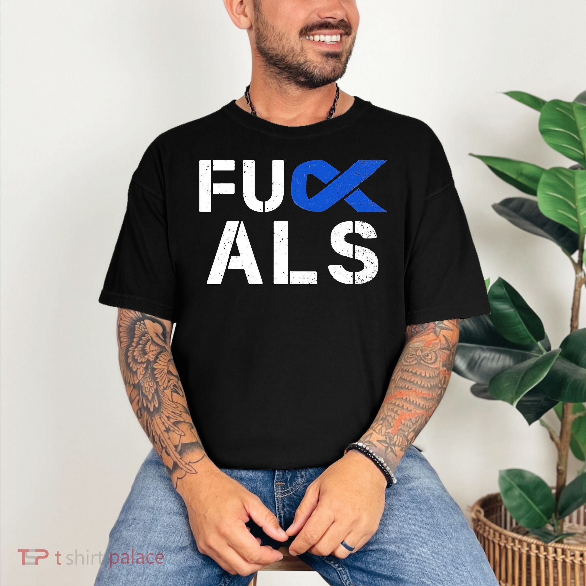 Fuck ALS Awareness Month Blue Ribbon Support Squad Fighter Comfort Colors T-Shirt