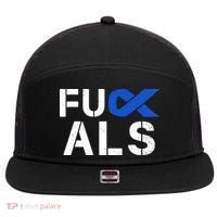 Fuck ALS Awareness Month Blue Ribbon Support Squad Fighter 7 Panel Mesh Trucker Snapback Hat thumb 0