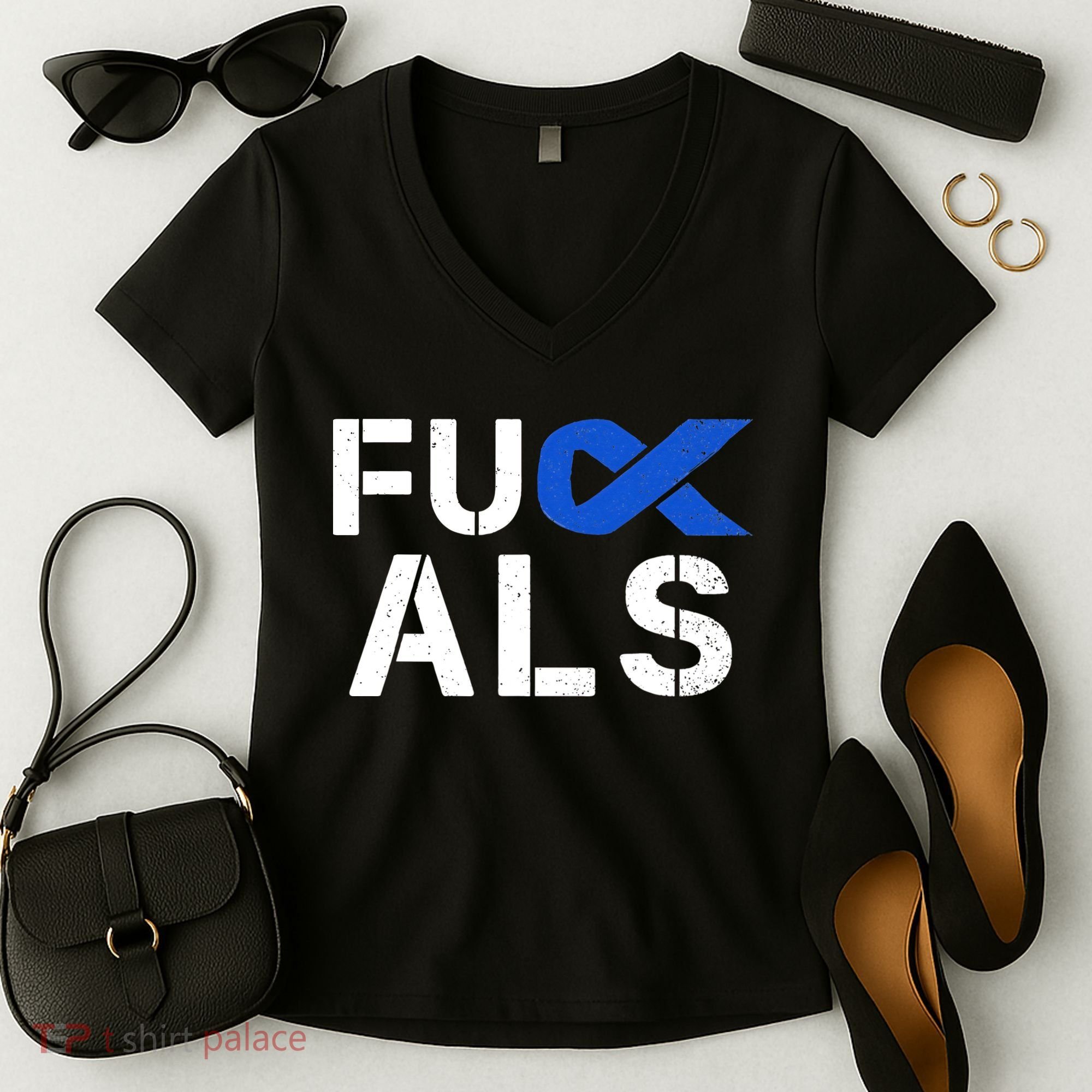 Fuck ALS Awareness Month Blue Ribbon Support Squad Fighter Women's V-Neck T-Shirt