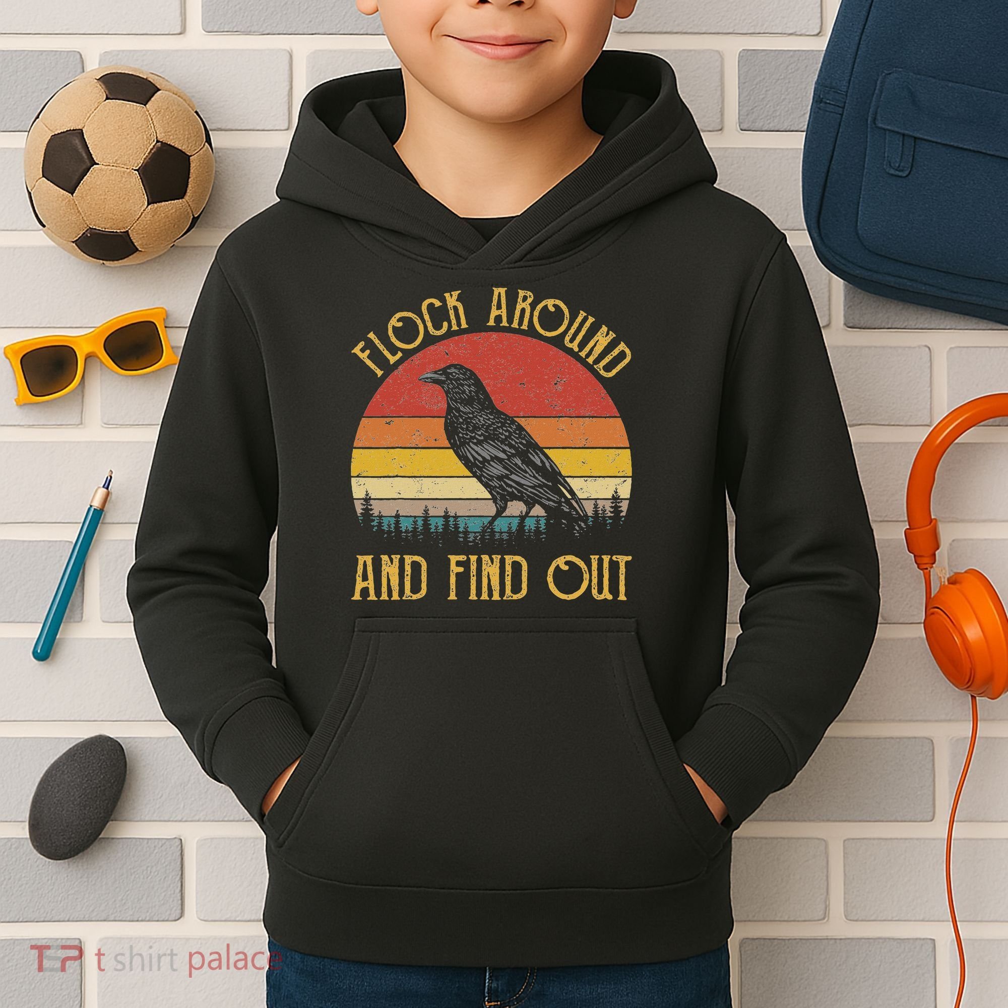 Flock Around And Find Out Funny Sarcastic Crow Raven Kids Hoodie