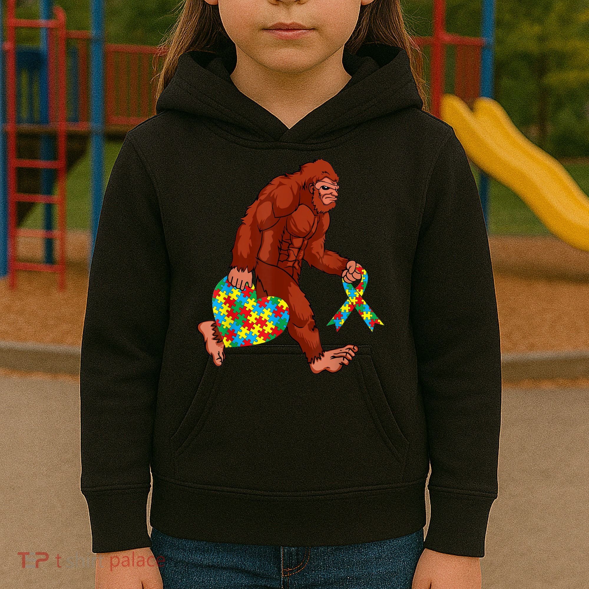 Funny Autism Bigfoot Autism Awareness Month Kids Hoodie
