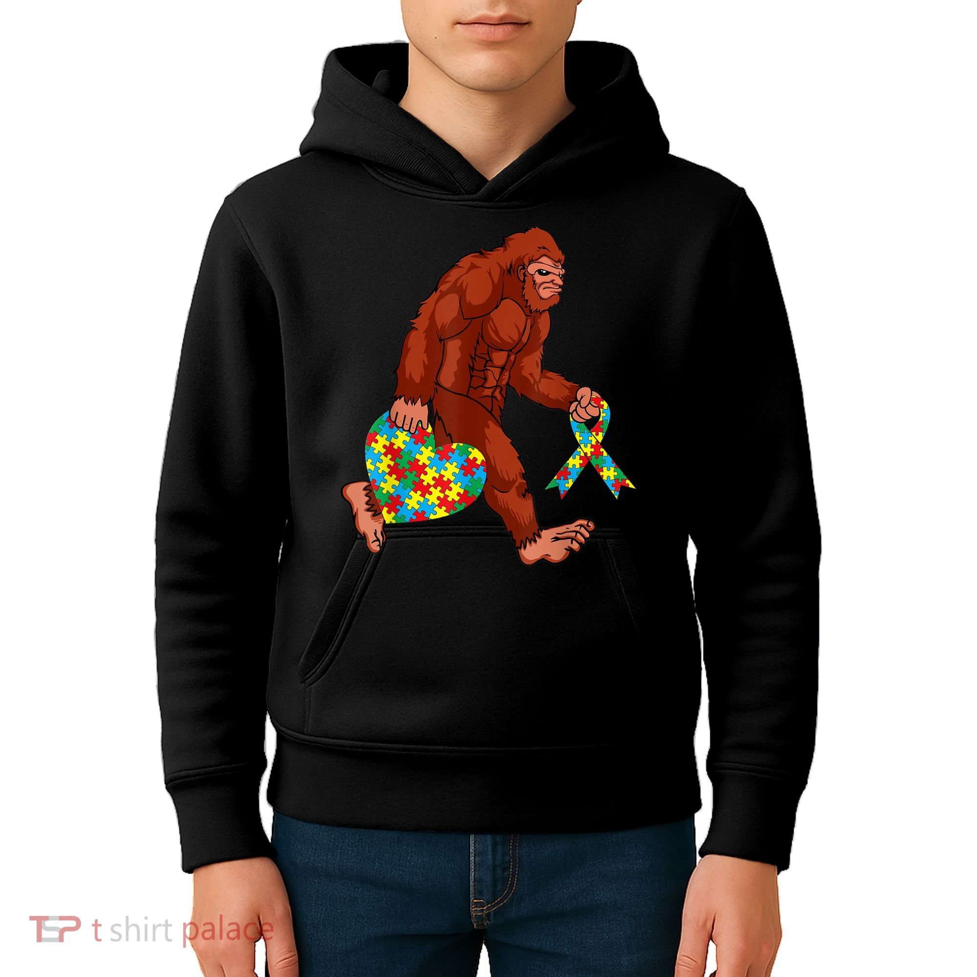 Funny Autism Bigfoot Autism Awareness Month Kids Hoodie