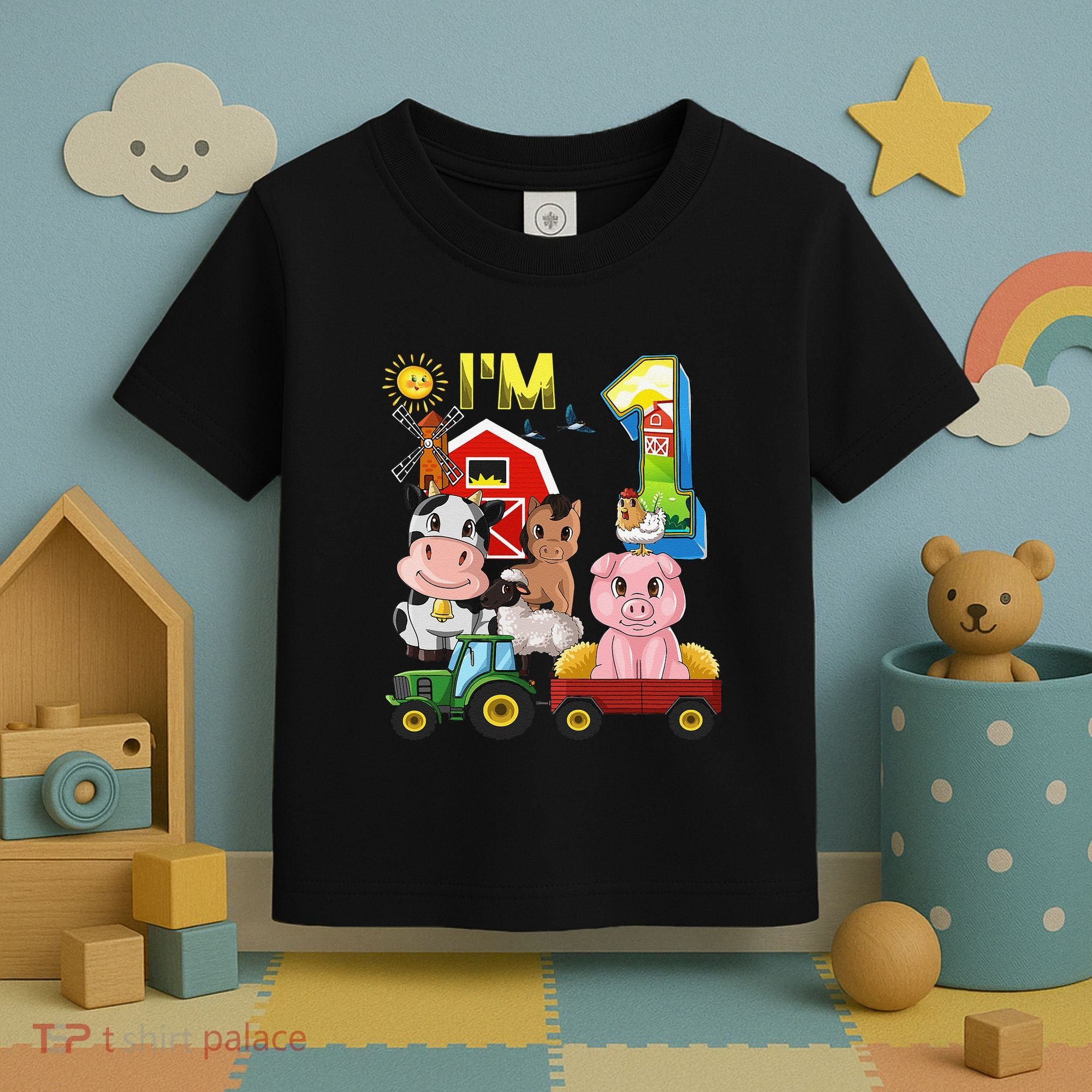 Farm Animals Barnyard Tractor 1st Birthday I'm 1 Year Old Toddler T-Shirt