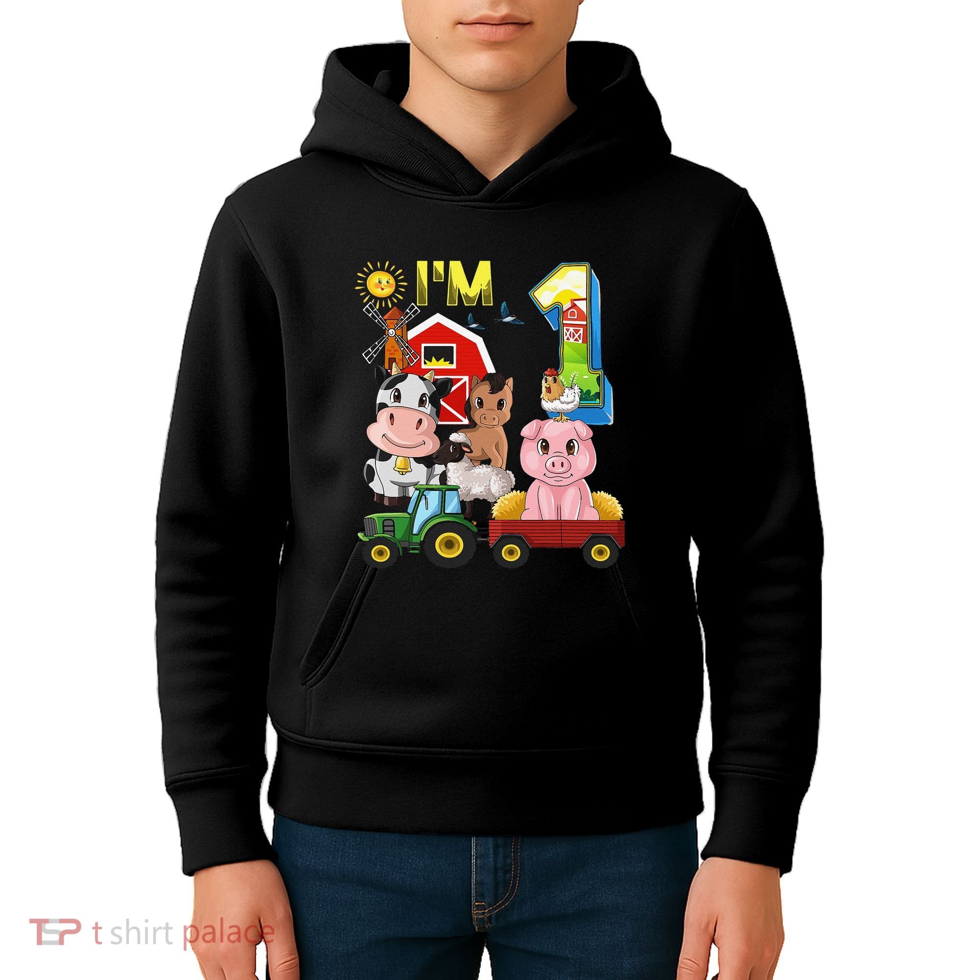 Farm Animals Barnyard Tractor 1st Birthday I'm 1 Year Old Kids Hoodie
