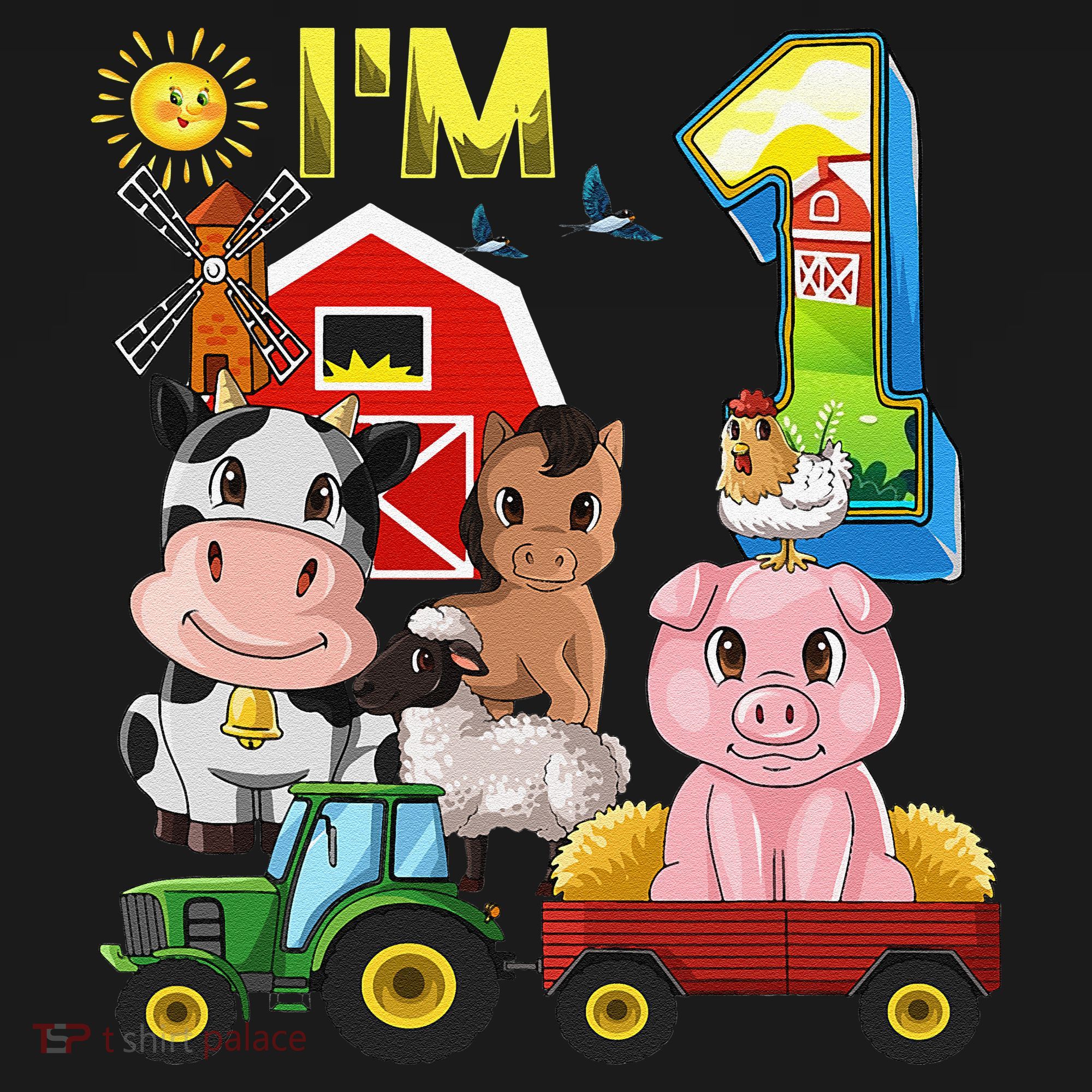 Farm Animals Barnyard Tractor 1st Birthday I'm 1 Year Old Kids Long Sleeve Shirt
