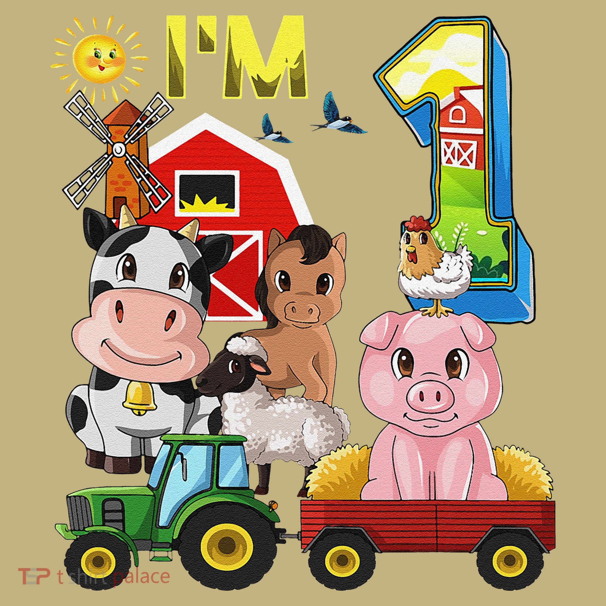 Farm Animals Barnyard Tractor 1st Birthday I'm 1 Year Old Kids T-Shirt