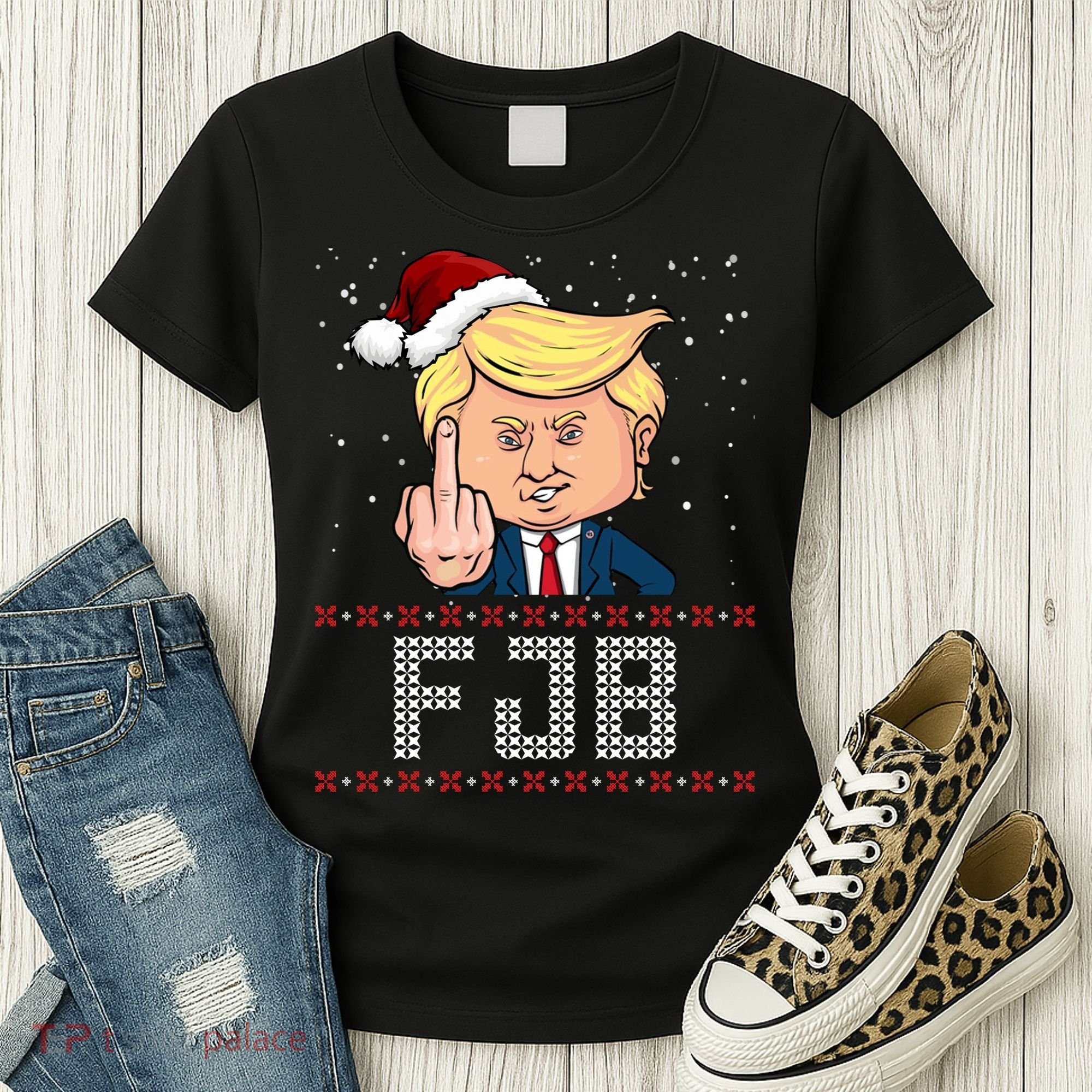 FJB Anti Biden Trump Flicking Off Ugly Christmas Women's T-Shirt