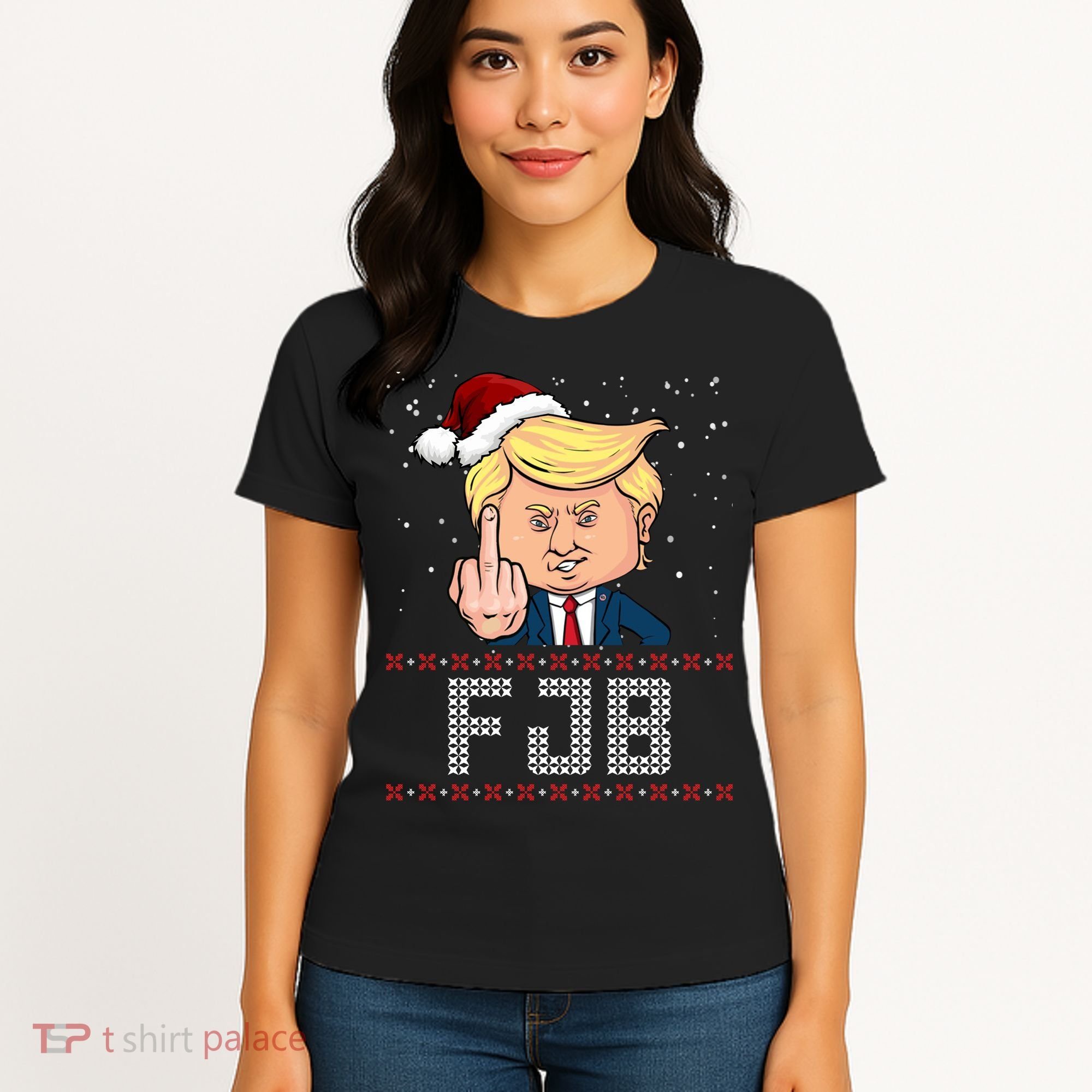 FJB Anti Biden Trump Flicking Off Ugly Christmas Women's T-Shirt