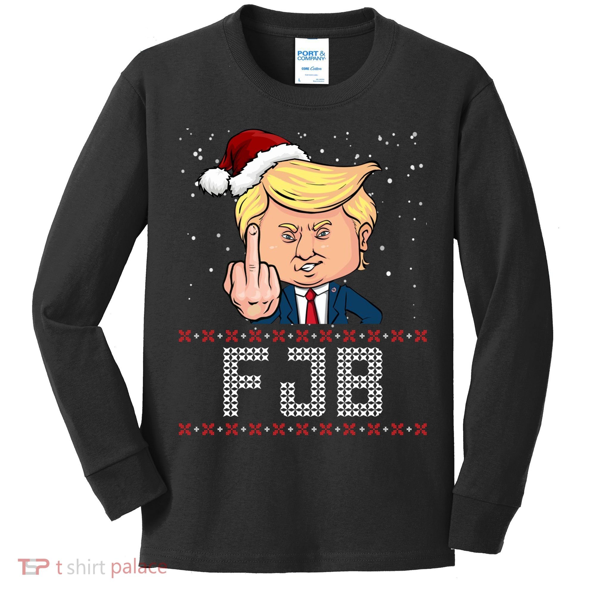 FJB Anti Biden Trump Flicking Off Ugly Christmas Kids Long Sleeve Shirt
