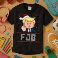 FJB Anti Biden Trump Flicking Off Ugly Christmas Kids T-Shirt thumb 3