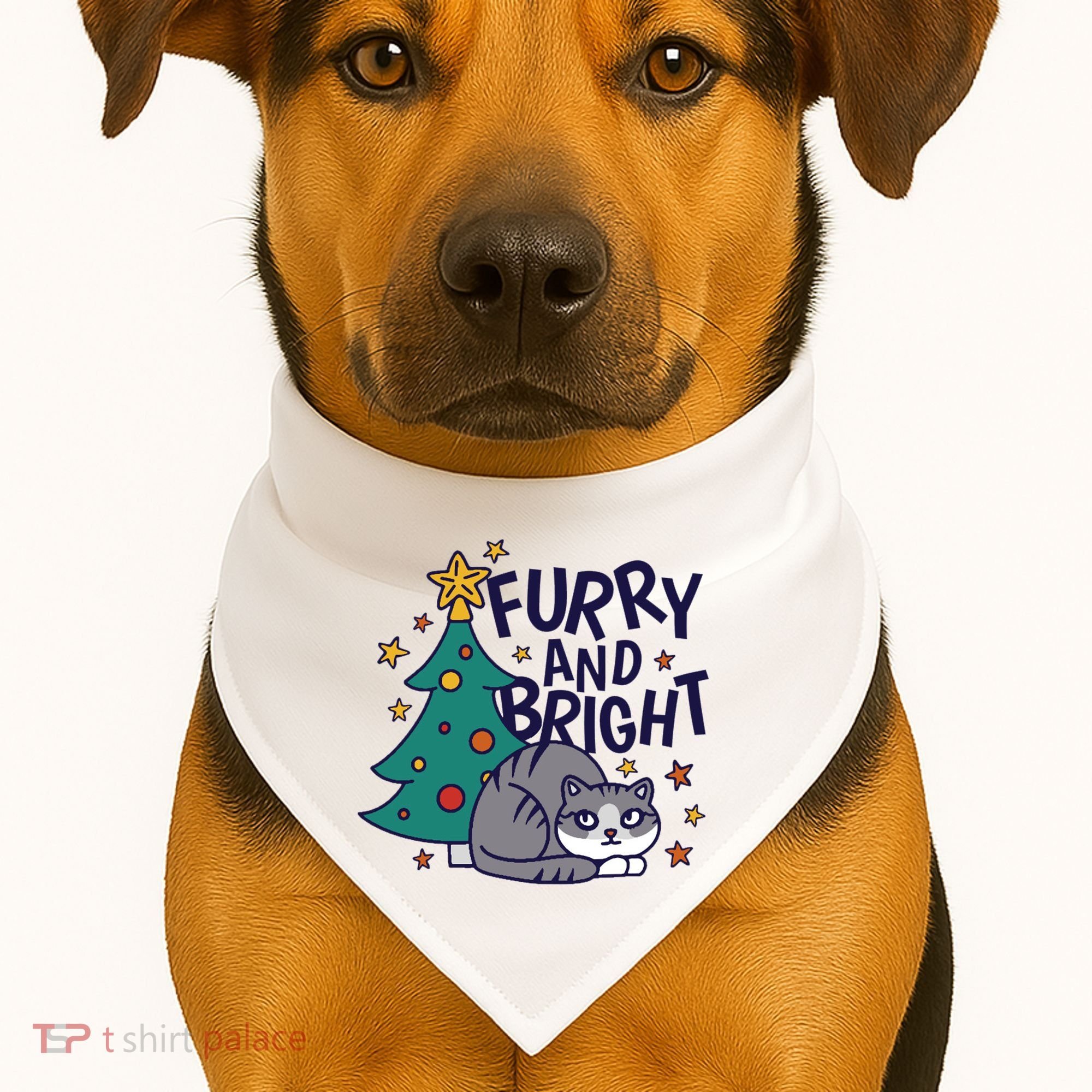 Furry And Bright Funny Cute Christmas Cat USA-Made Doggie Bandana
