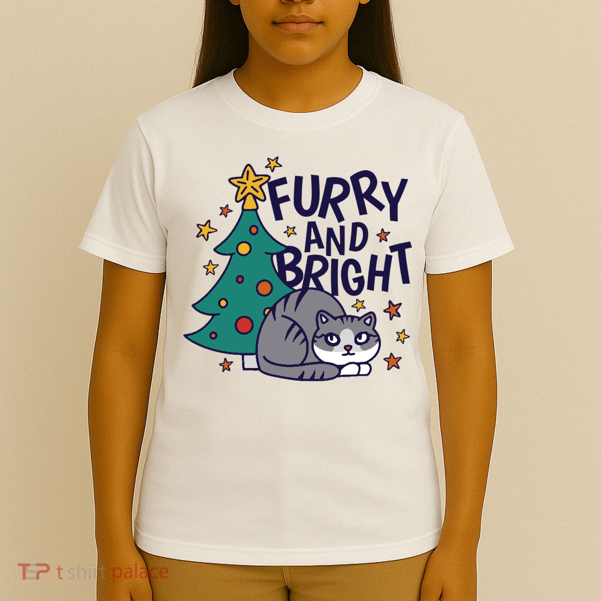 Furry And Bright Funny Cute Christmas Cat T-Shirt