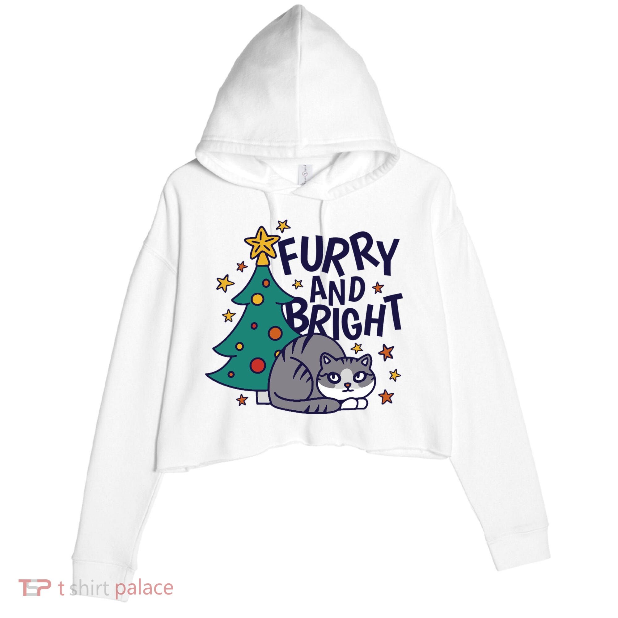 Furry And Bright Funny Cute Christmas Cat Crop Fleece Hoodie