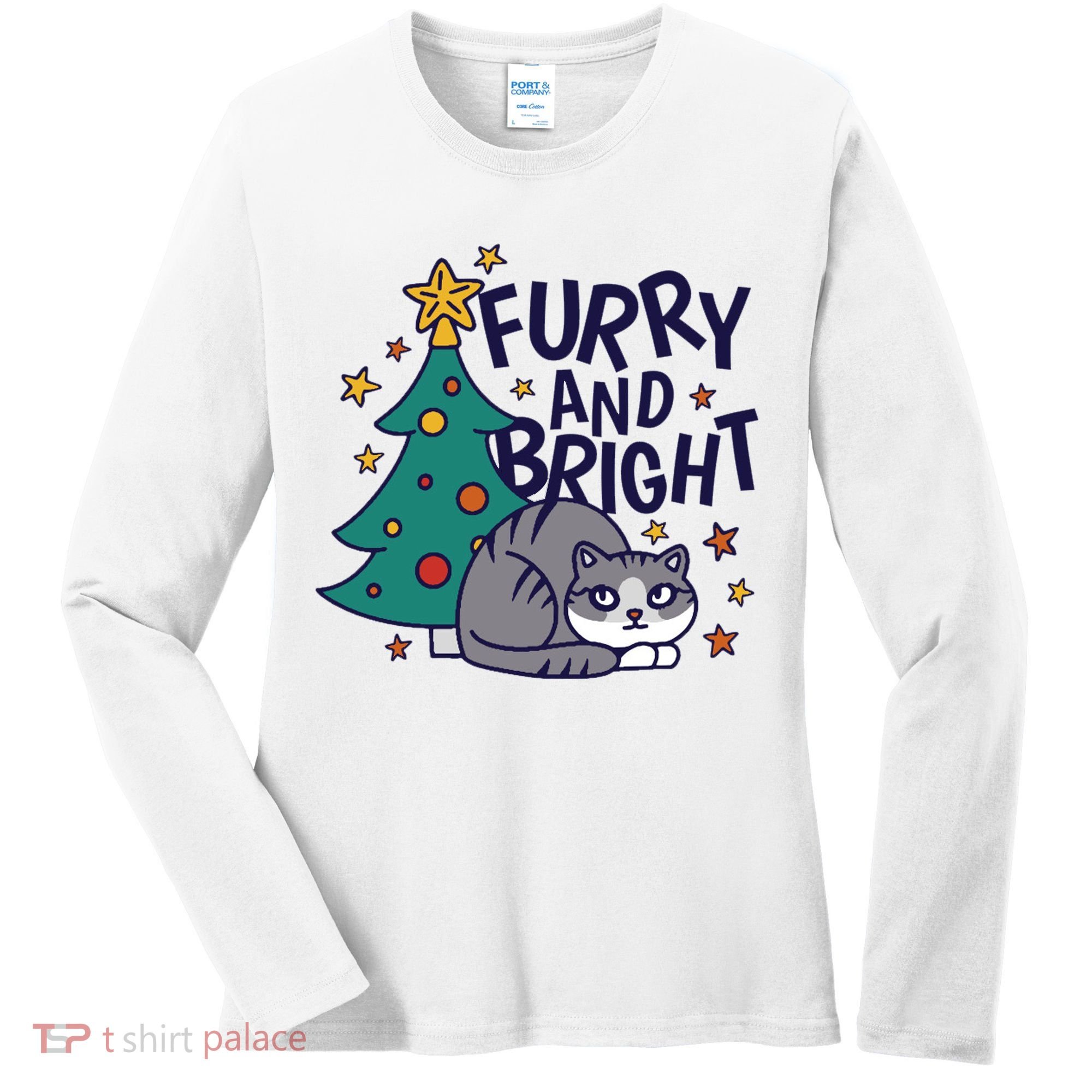 Furry And Bright Funny Cute Christmas Cat Women's Long Sleeve Shirt
