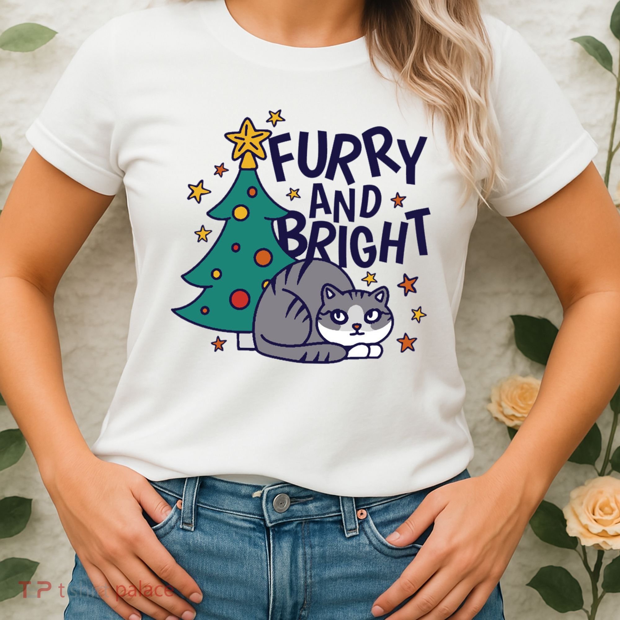 Furry And Bright Funny Cute Christmas Cat Women's T-Shirt
