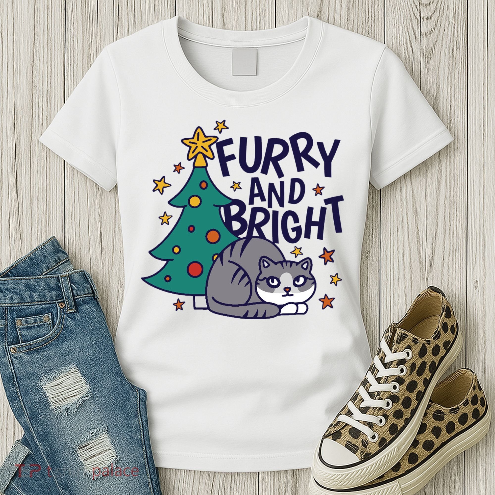 Furry And Bright Funny Cute Christmas Cat Women's T-Shirt
