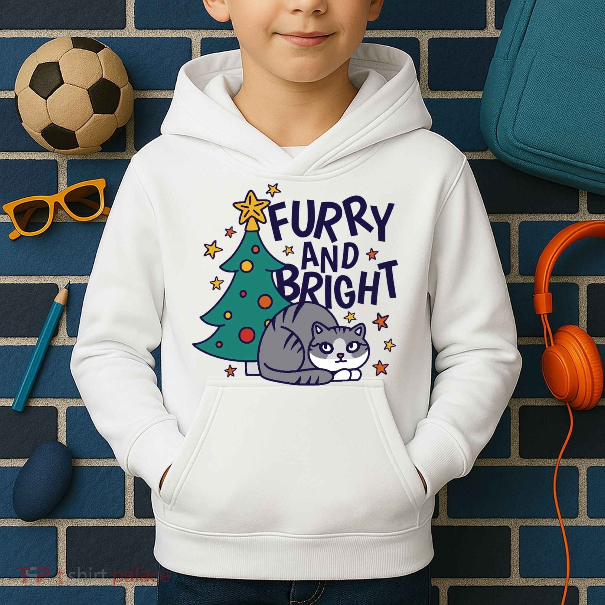 Furry And Bright Funny Cute Christmas Cat Kids Hoodie