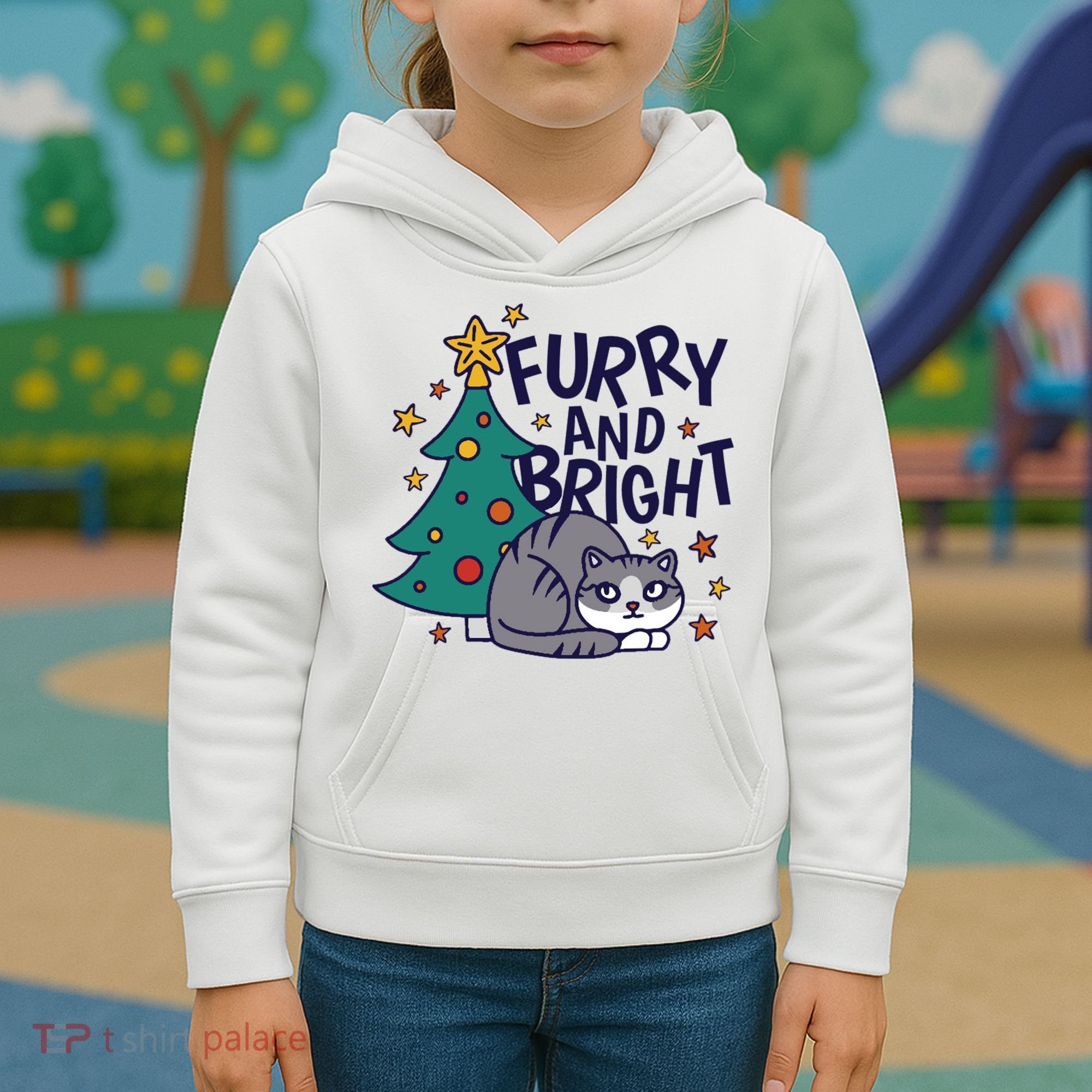 Furry And Bright Funny Cute Christmas Cat Kids Hoodie