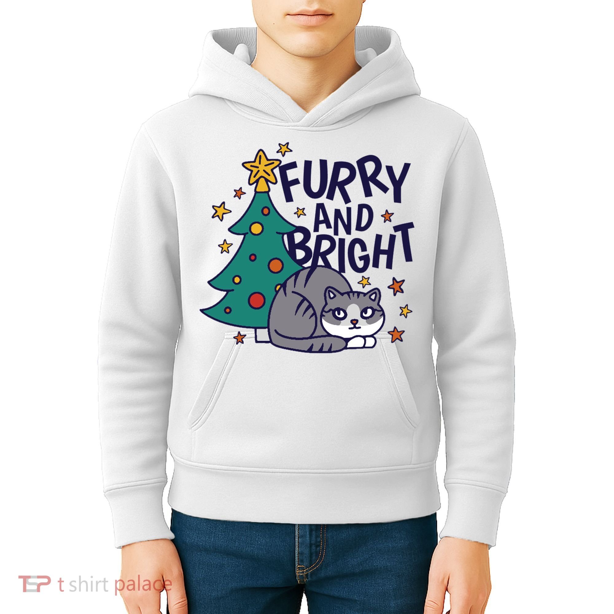 Furry And Bright Funny Cute Christmas Cat Kids Hoodie