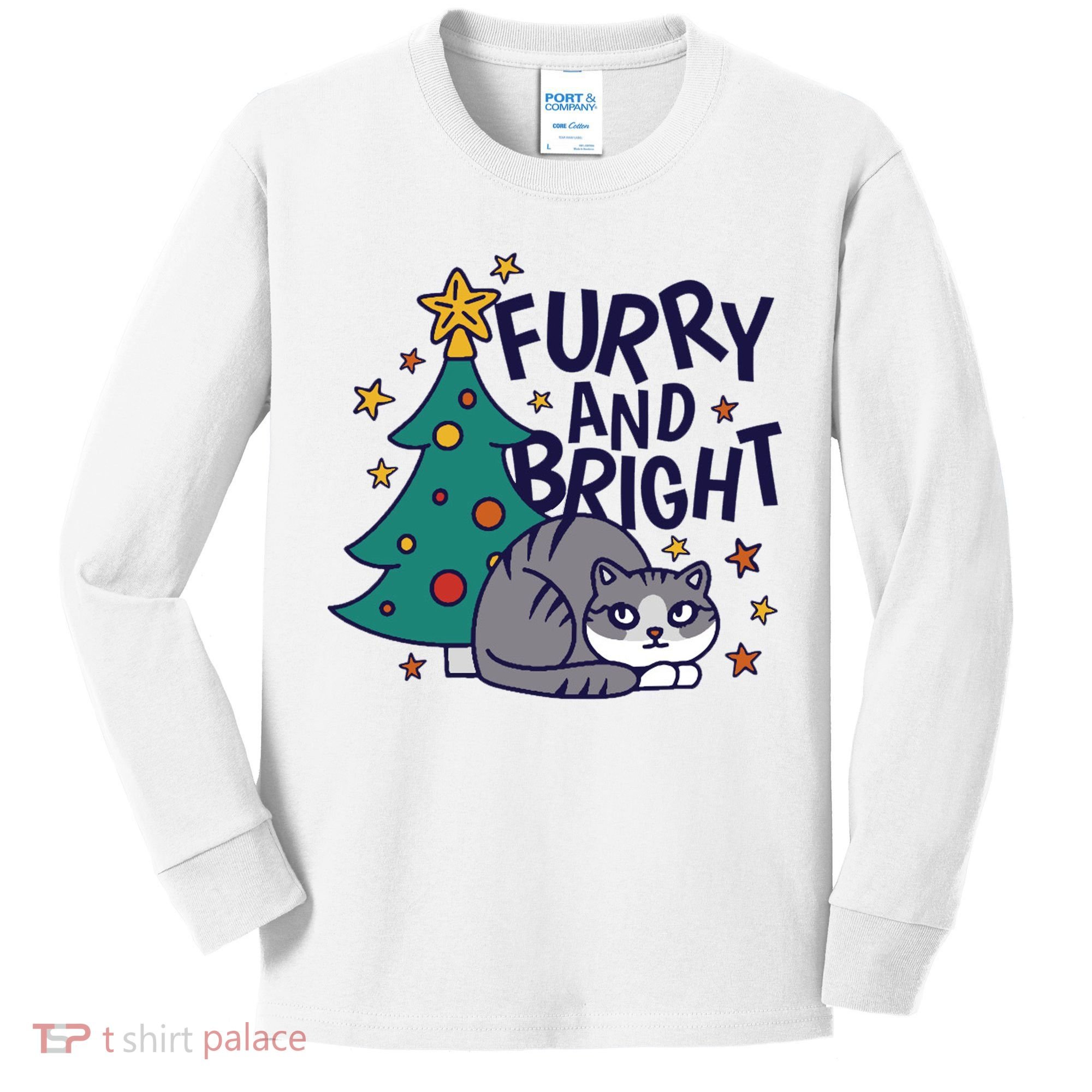 Furry And Bright Funny Cute Christmas Cat Kids Long Sleeve Shirt