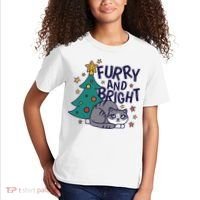 Furry And Bright Funny Cute Christmas Cat Kids T-Shirt thumb 2