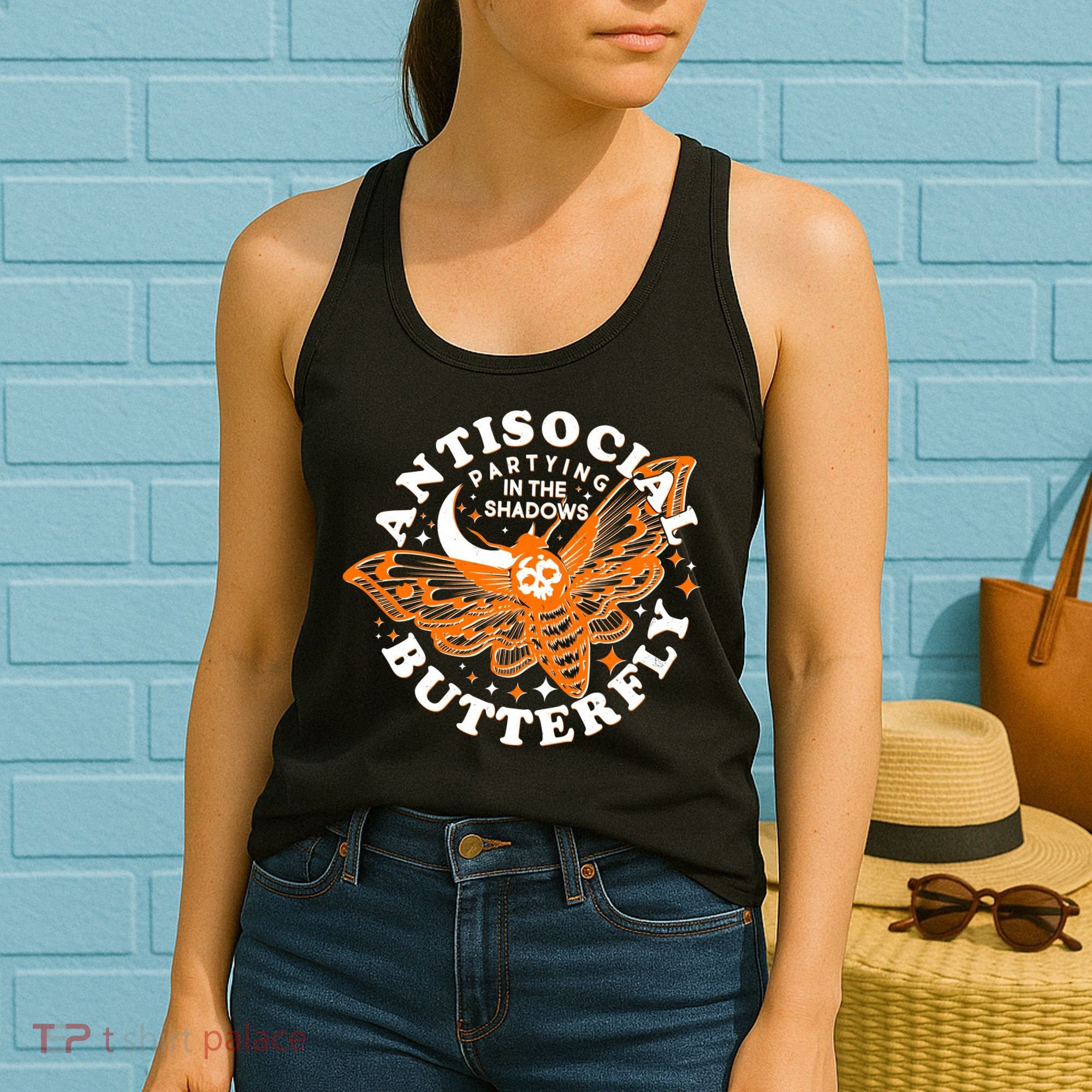 Funny Antisocial Butterfly Moth Partying In The Shadows Women's Tank Top