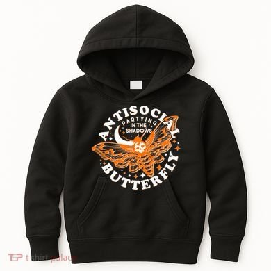 Funny Antisocial Butterfly Moth Partying In The Shadows Kids Hoodie