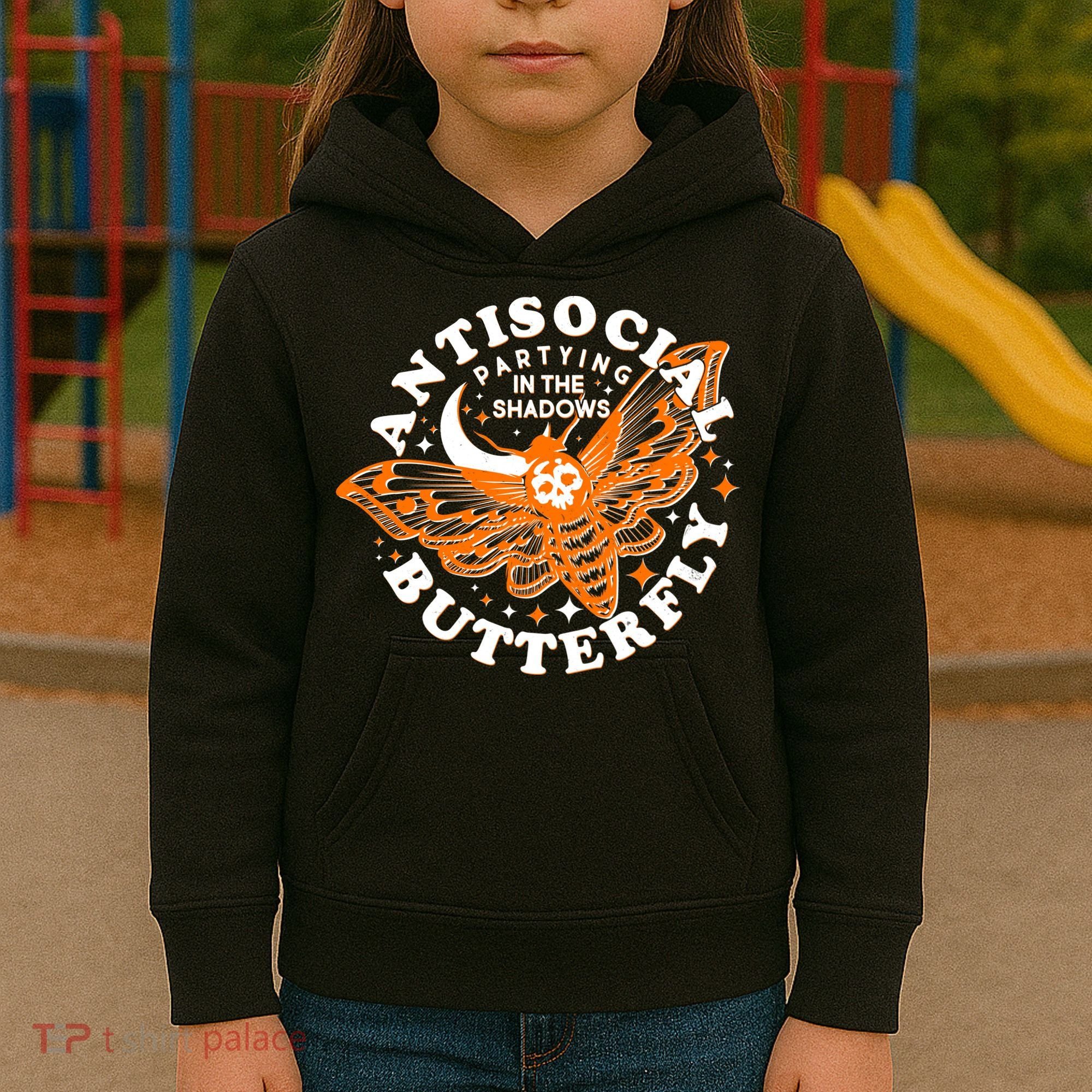 Funny Antisocial Butterfly Moth Partying In The Shadows Kids Hoodie