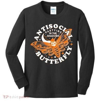 Funny Antisocial Butterfly Moth Partying In The Shadows Kids Long Sleeve Shirt