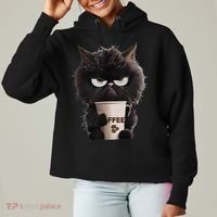 Funny Angry Black Cat Drinking Coffee Loves Coffee Pet Ladies Heavyweight Boxy Pullover Hoodie thumb 0