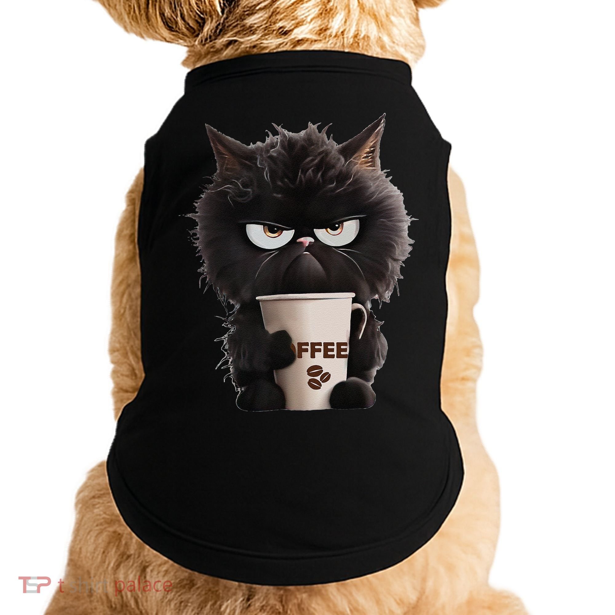 Funny Angry Black Cat Drinking Coffee Loves Coffee Pet Doggie Tank